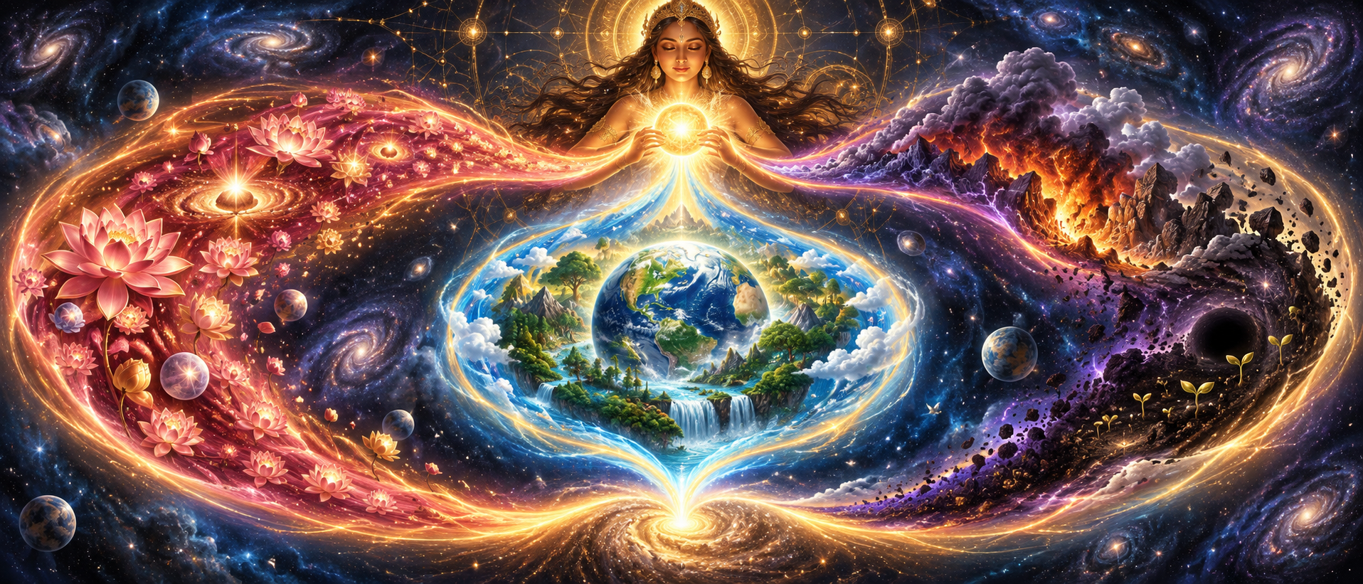 One luminous current divides into three connected streams, forming lotus blossoms and stars, surrounding a flourishing world, and passing through flames into darkness and new seeds.