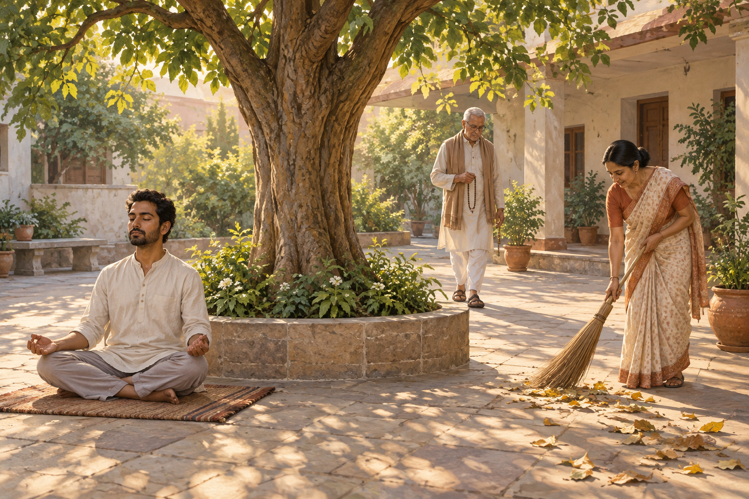 Three adults in a courtyard meditate, walk with prayer beads, and sweep leaves beneath a central tree.