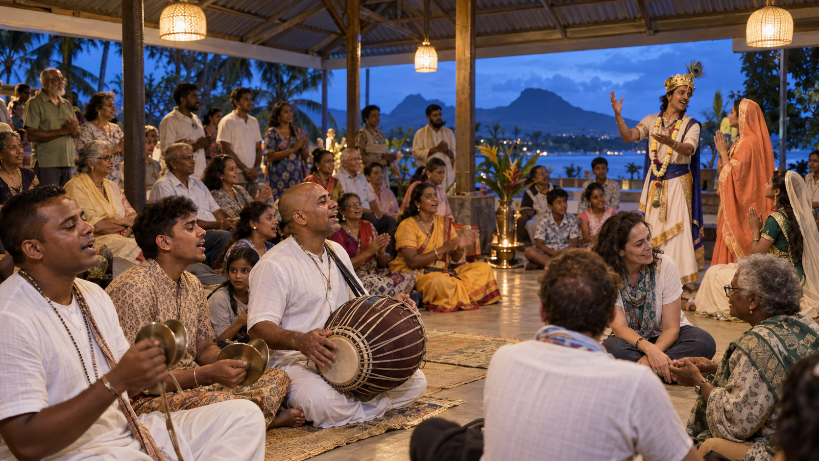 Musicians lead kirtan while actors perform a devotional drama and Mauritian families gather in an open community hall.