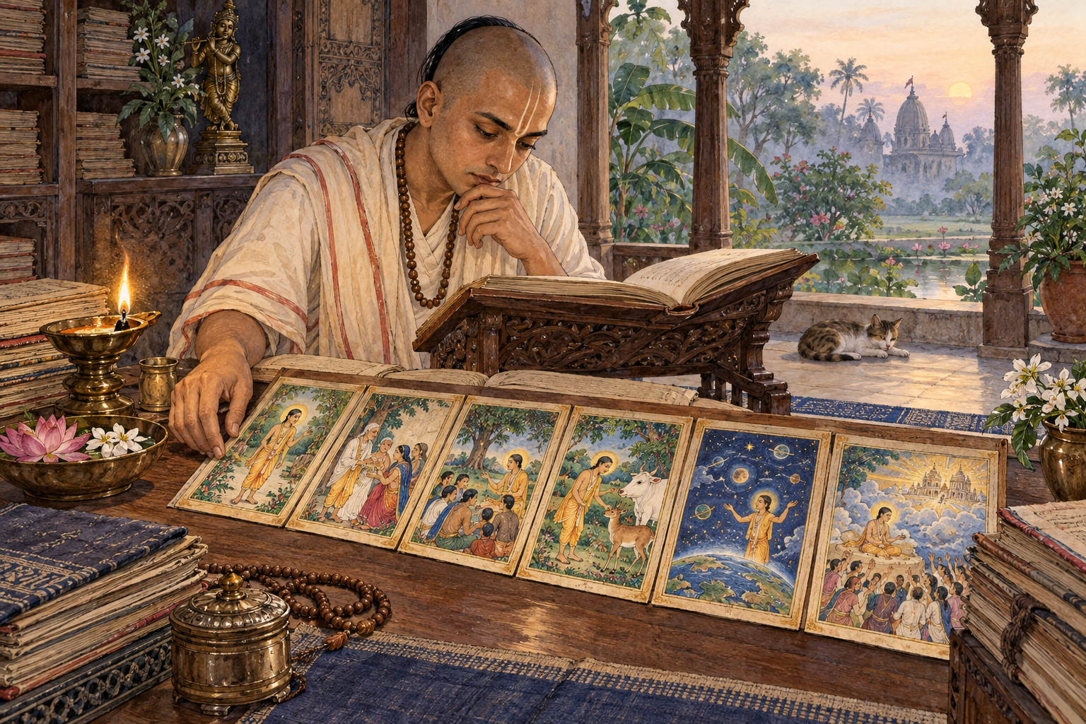 A devotee-scholar studies an open manuscript and a sequence of painted devotional folios by lamplight.