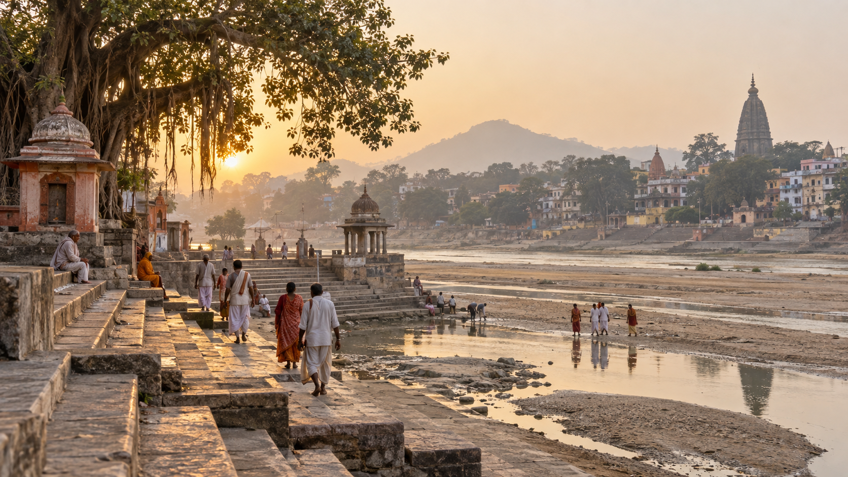 Pilgrims walk along stone steps beside the sandy Falgu River in Gaya, with a banyan tree and temple structures in the distance.