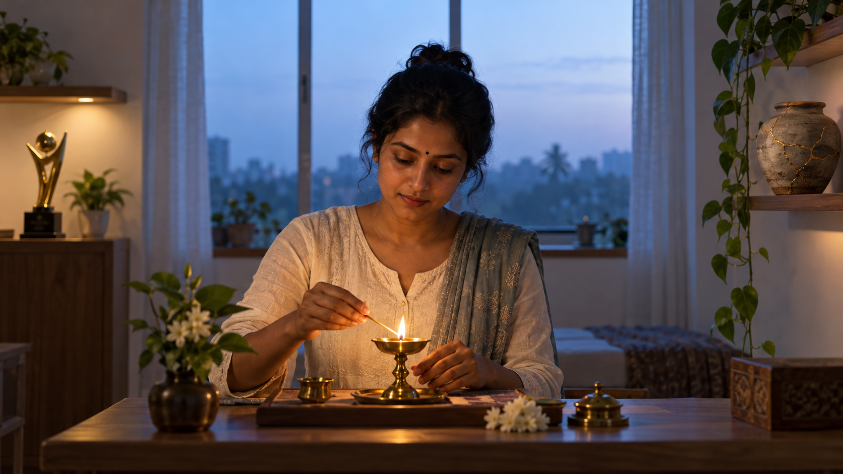 A person lights an oil lamp at dawn between a shelf holding an award and another holding a repaired clay vessel.