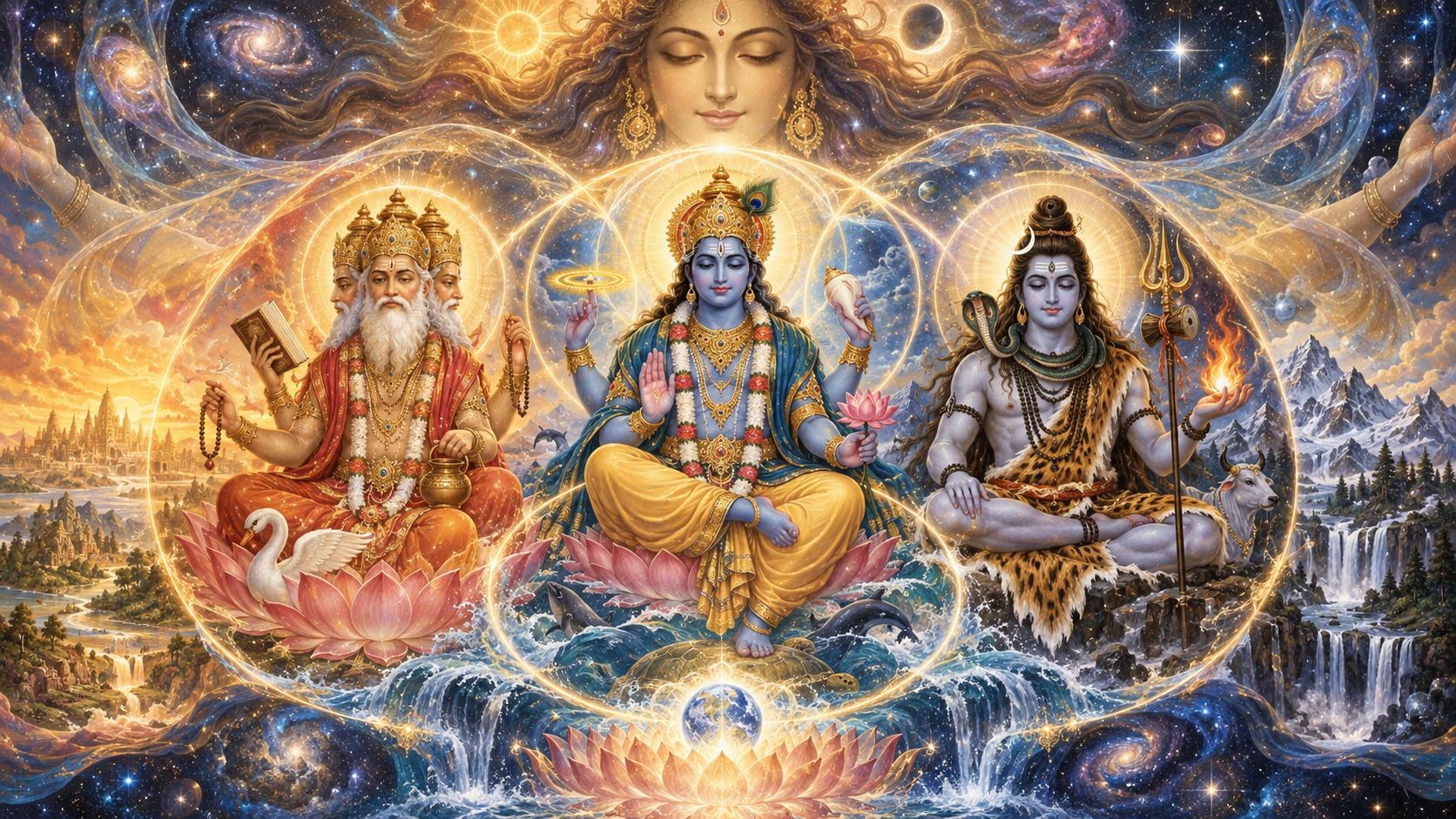 A radiant feminine cosmic presence surrounds equally scaled figures of Brahma, Vishnu, and Shiva, whose overlapping halos and flowing energies form a single circular pattern.