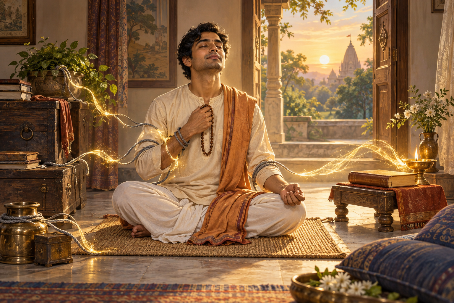 A seated practitioner holds prayer beads as loose cords around the body and household objects dissolve into golden light near an oil lamp and closed manuscript.