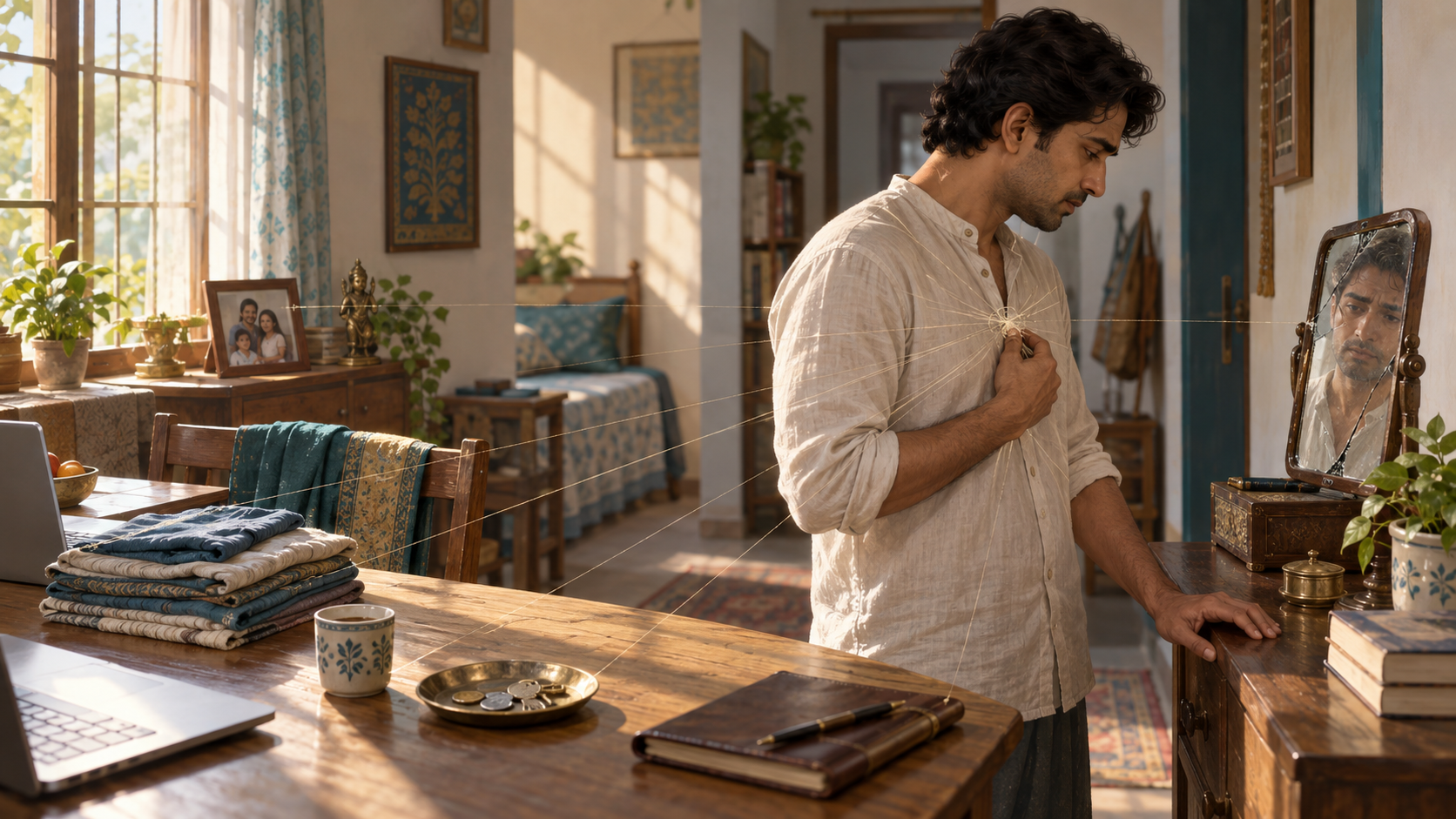 A householder in a tidy room is connected to everyday possessions and responsibilities by fine threads forming a knot over the heart.