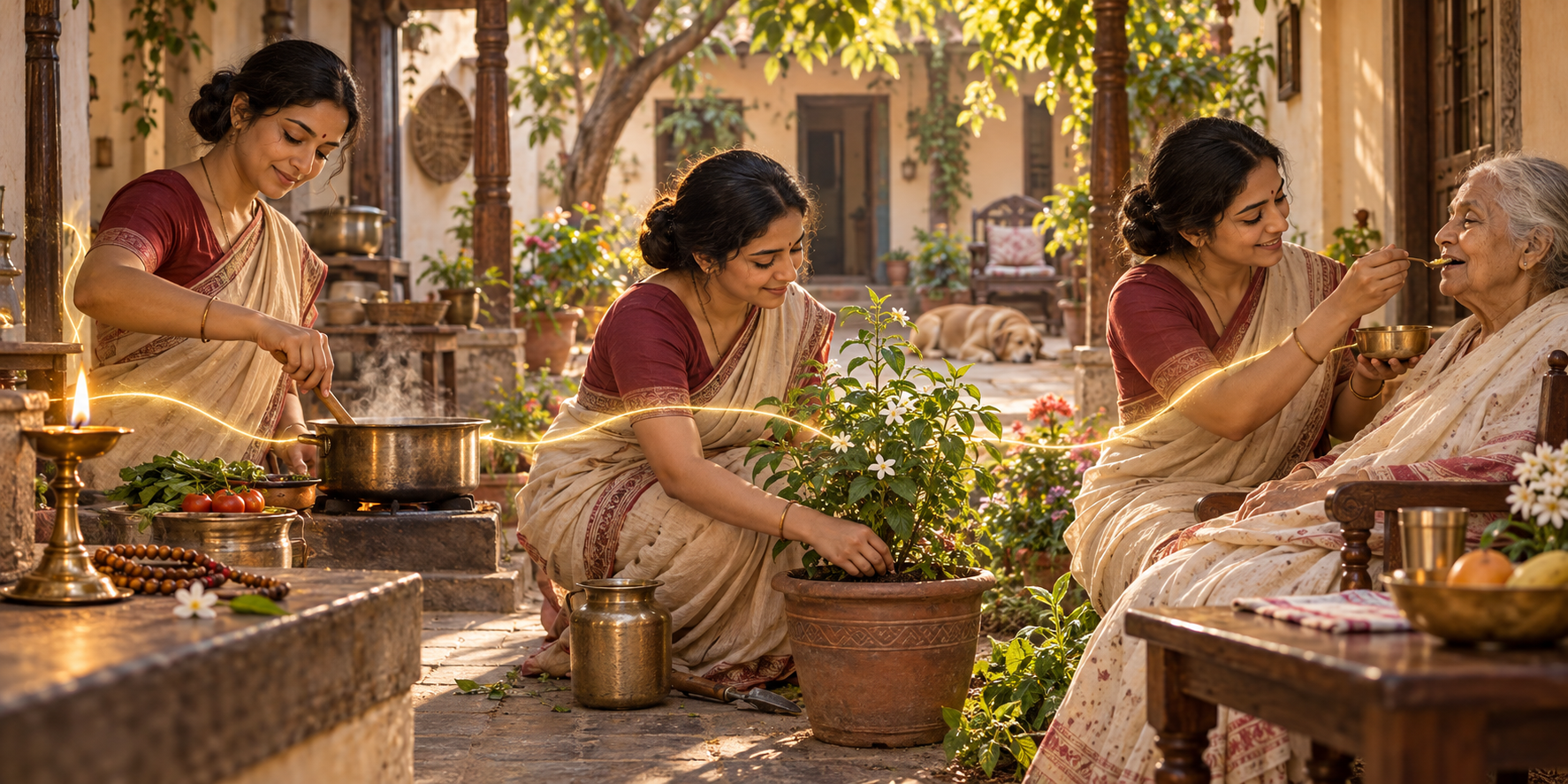 Hands prepare food, tend a plant, and care for an older person while a ribbon of golden light connects the acts to an oil lamp and prayer beads.