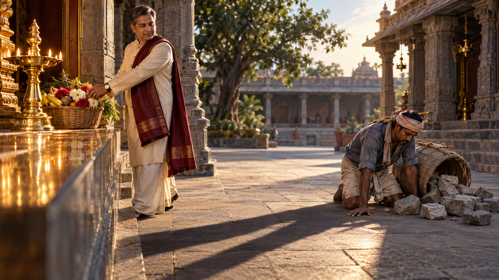 A patron leaves an abundant offering in a temple courtyard while turning away from a struggling worker, with the patron's shadow crossing the worker's path.