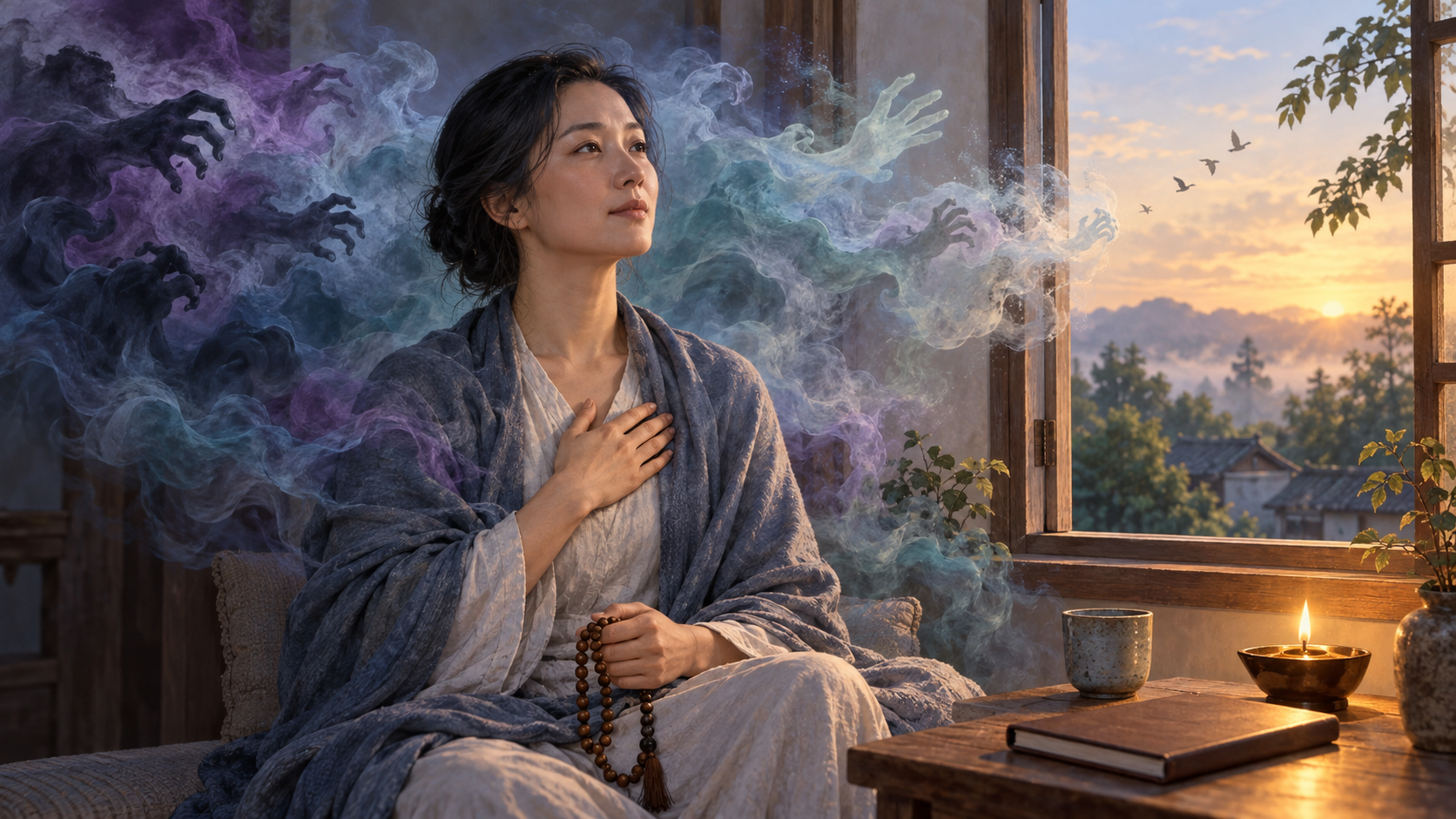 A practitioner sits with prayer beads at dawn as dark, hand-like shapes in surrounding mist relax and dissolve in warm lamplight.