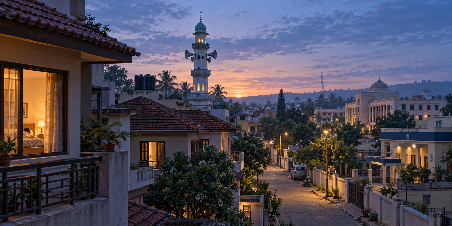 Kolhapur homes near a mosque minaret fitted with loudspeakers in the early morning.