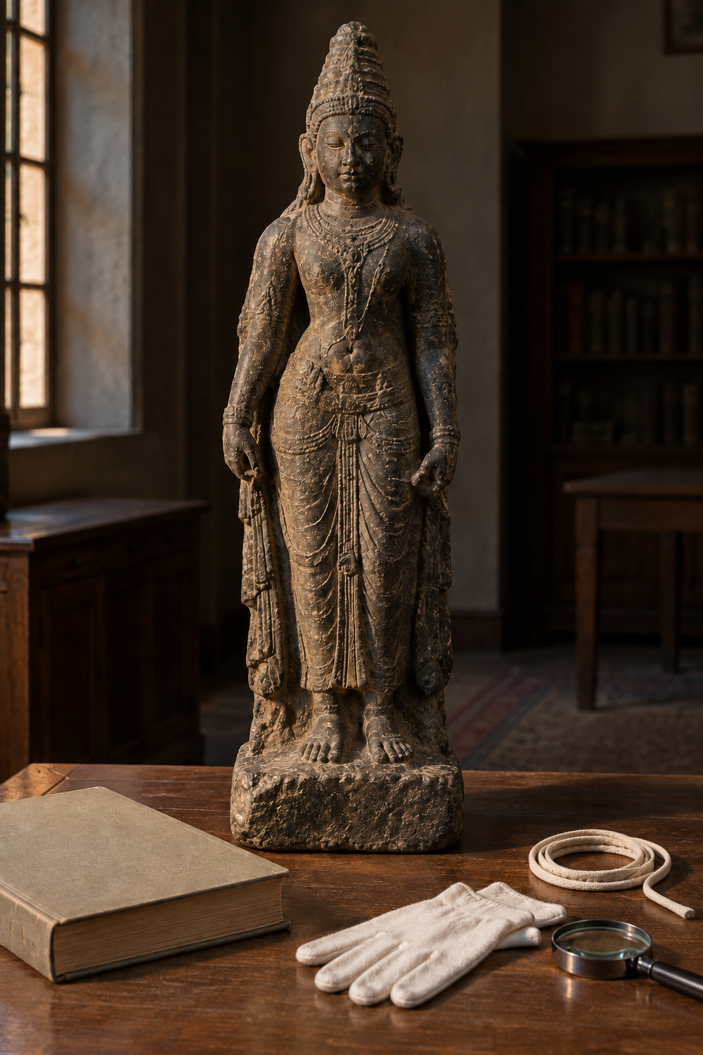 An unidentified dark stone Devi sculpture displayed beside conservation gloves, a closed archival volume, a measuring cord, and a magnifying lens in a museum study room.