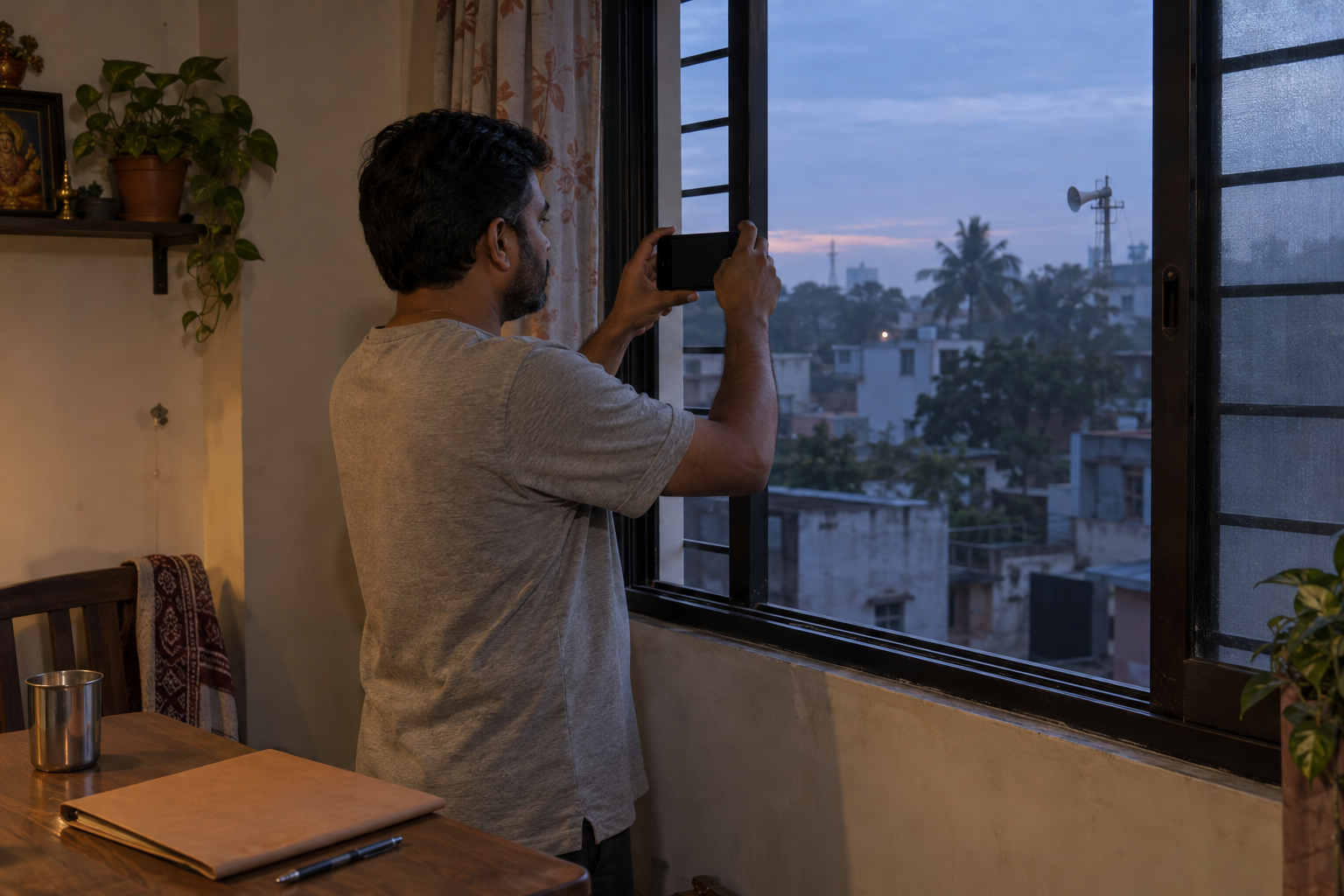 A resident records a distant loudspeaker from the window of a Kolhapur home before sunrise.