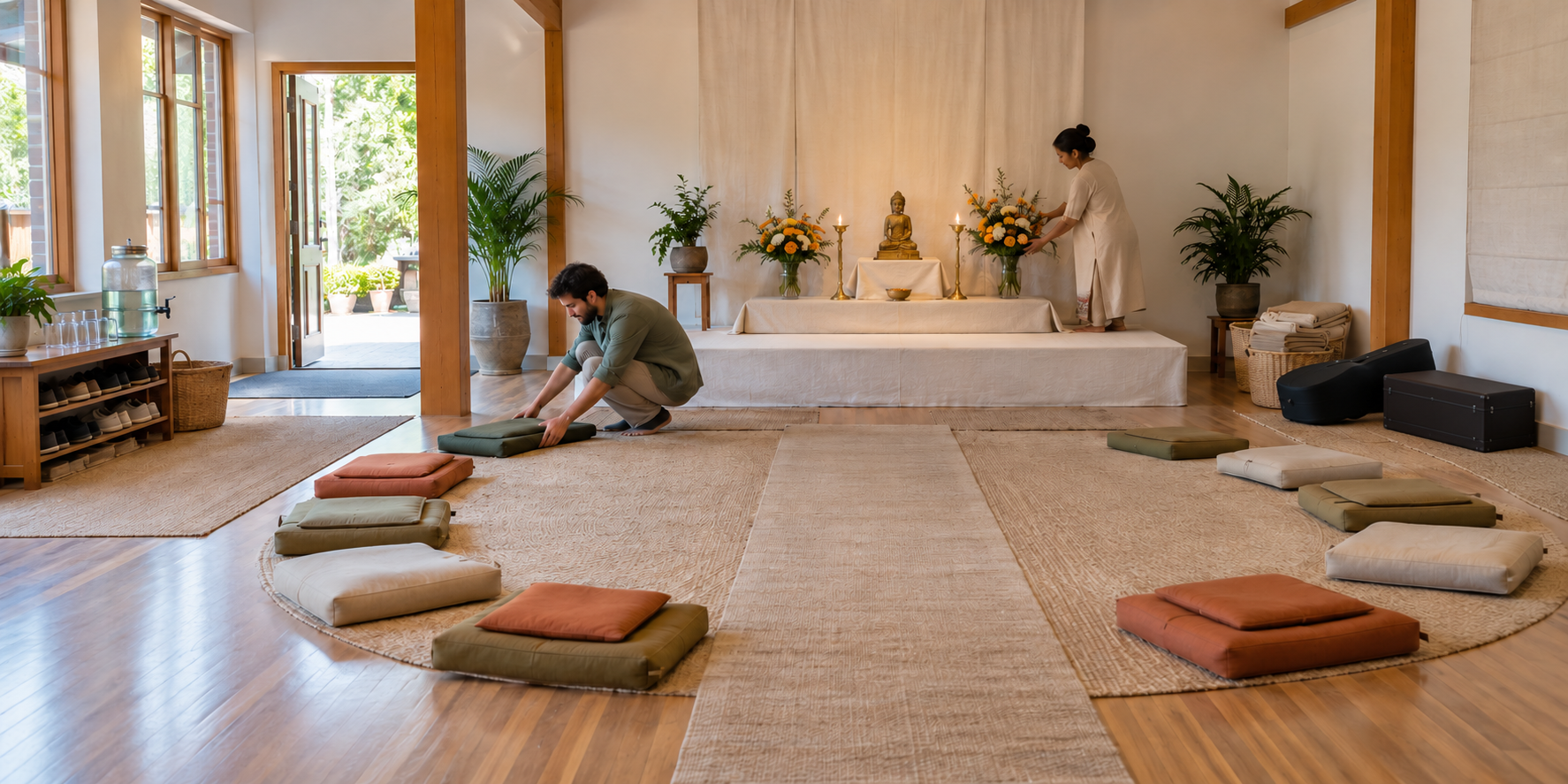 Two volunteers prepare a community hall with floor cushions, an accessible aisle, musical instruments, shoe storage, and a flower-decorated altar.