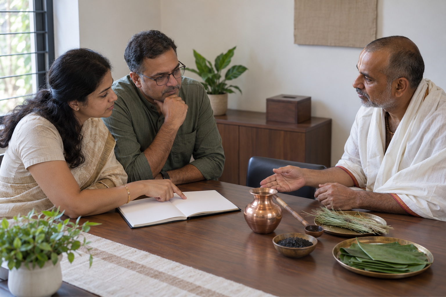 Two family members ask a ritual officiant questions beside an open notebook and a neatly arranged set of ceremonial materials.
