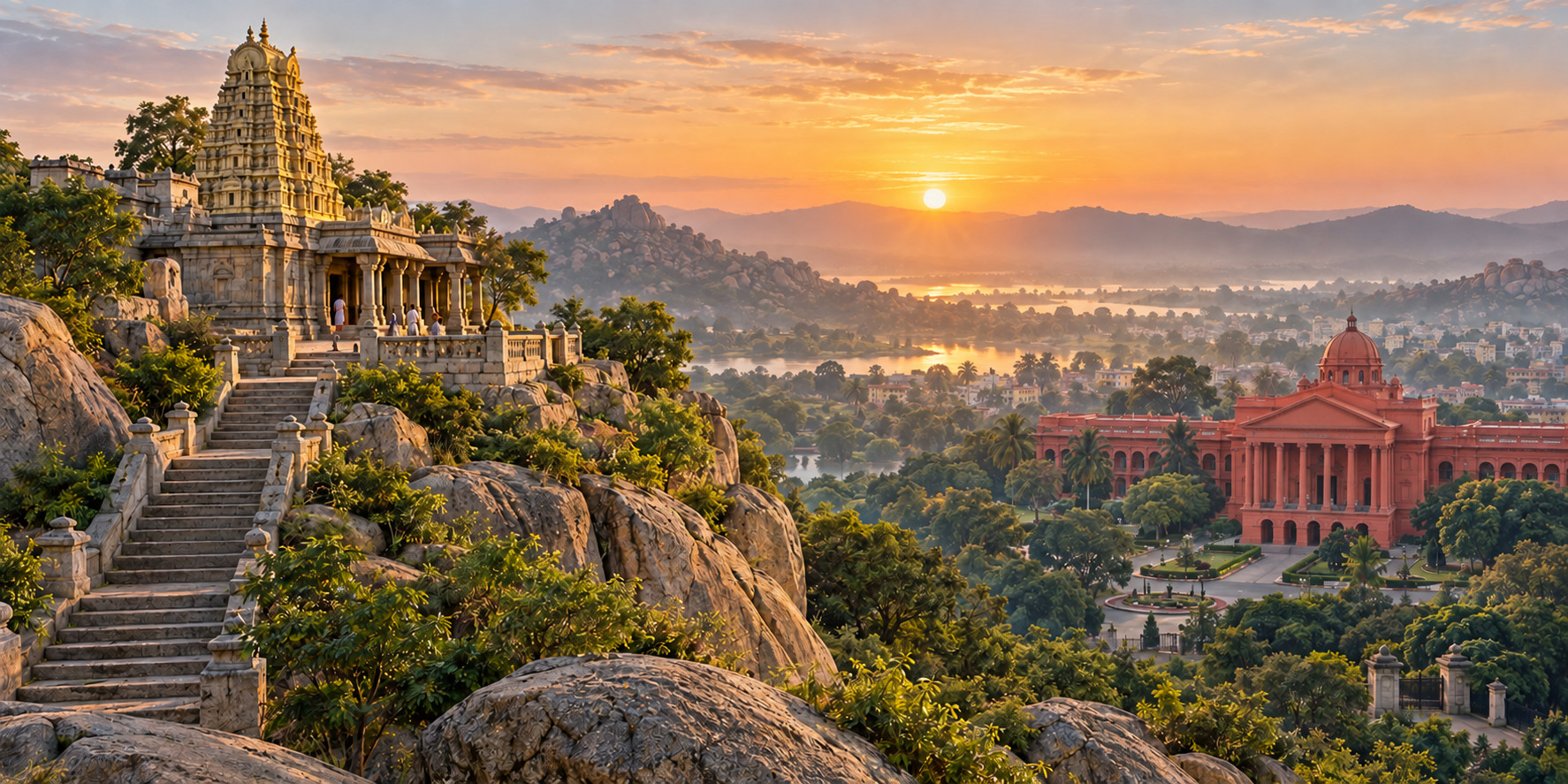 A hilltop Hindu temple and a red neoclassical courthouse face one another across a sunlit granite valley as devotees climb the temple steps.