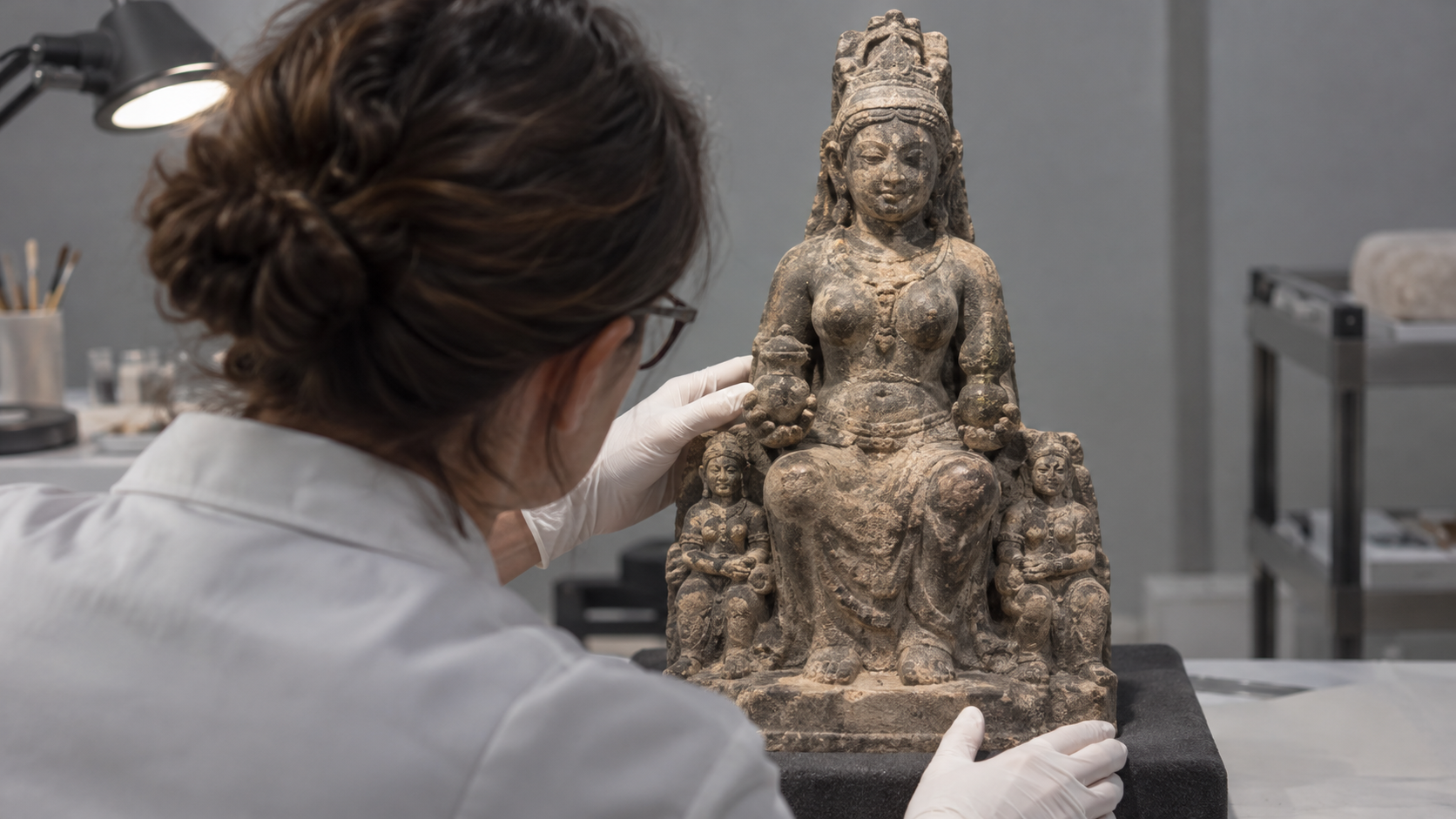 A researcher examines the crown, face, hands, posture, pedestal, and attendant figures of an unidentified stone goddess sculpture under focused studio lighting.