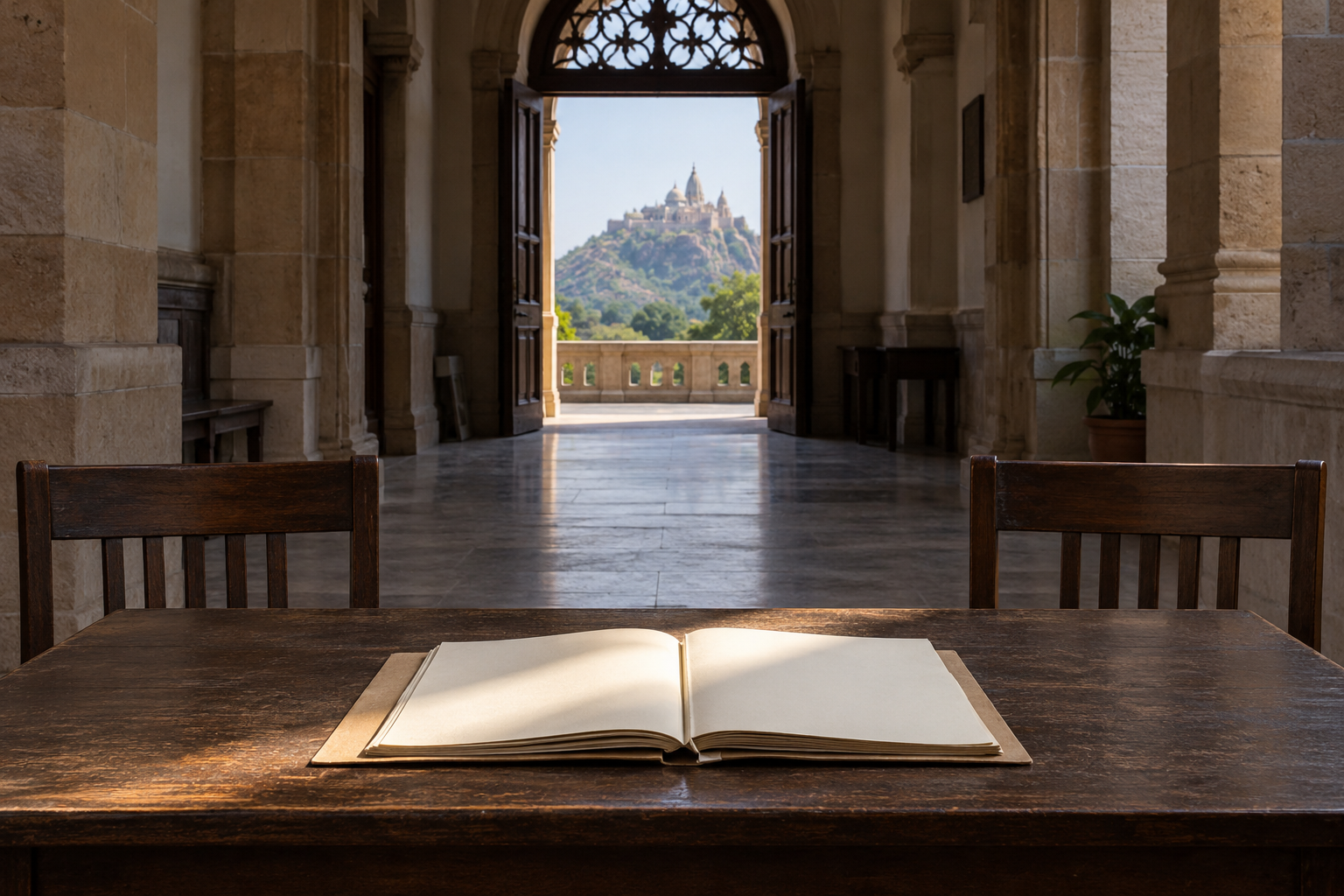 An unmarked case file and two empty chairs sit in a courthouse corridor with a hilltop temple visible through the open doorway.