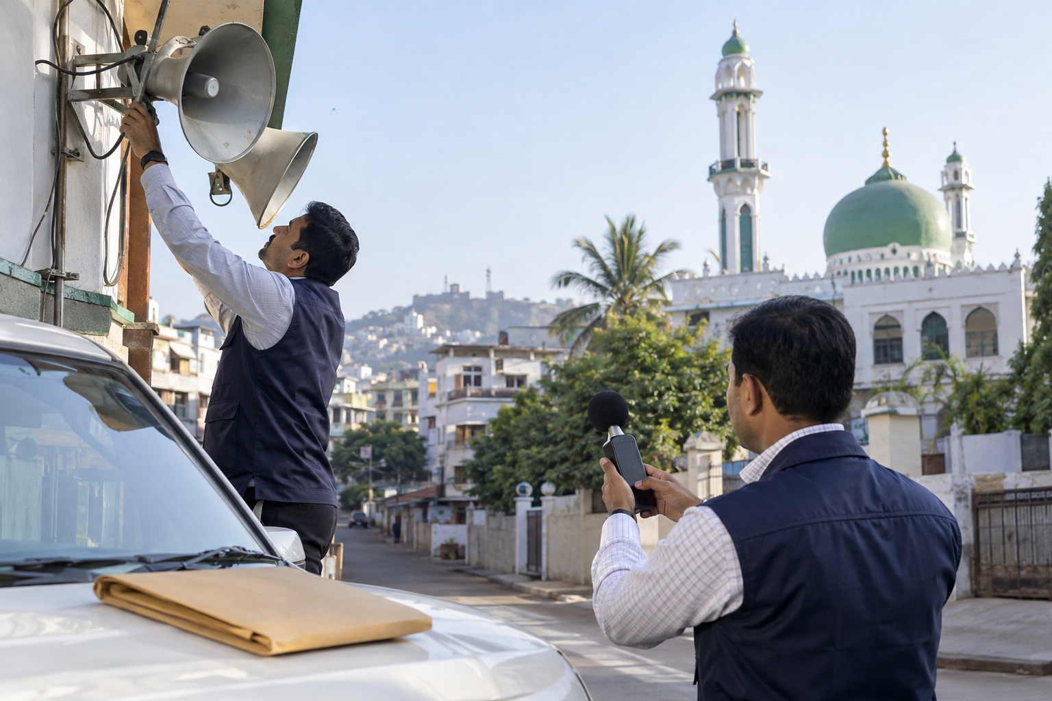 Civic officers inspect mounted mosque loudspeakers and their wiring in a Kolhapur neighborhood.