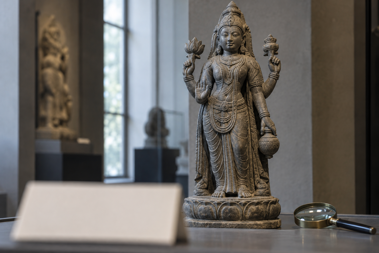 The carved hands, attributes, stance, and base of an unidentified Devi sculpture are in sharp focus while a blank museum tag is blurred in the foreground.