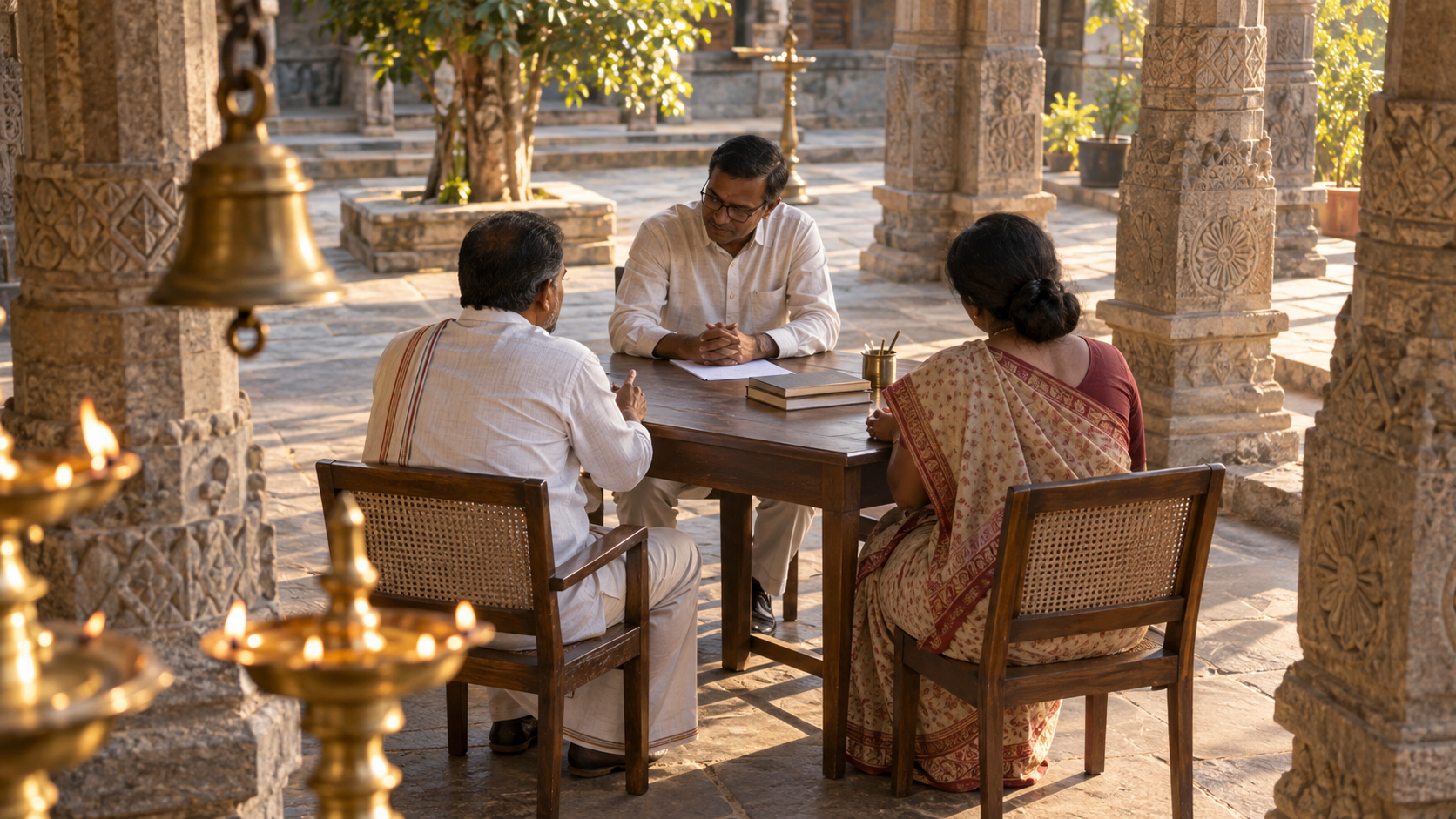 Two community representatives sit across a courtyard table while a neutral administrator listens, with a temple bell and oil lamps in the foreground.