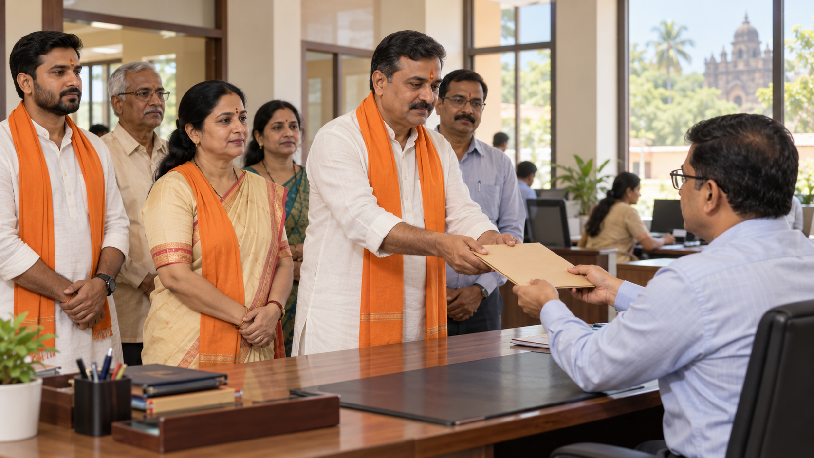 A calm Hindu civic delegation submits a complaint folder to a municipal official in Kolhapur.