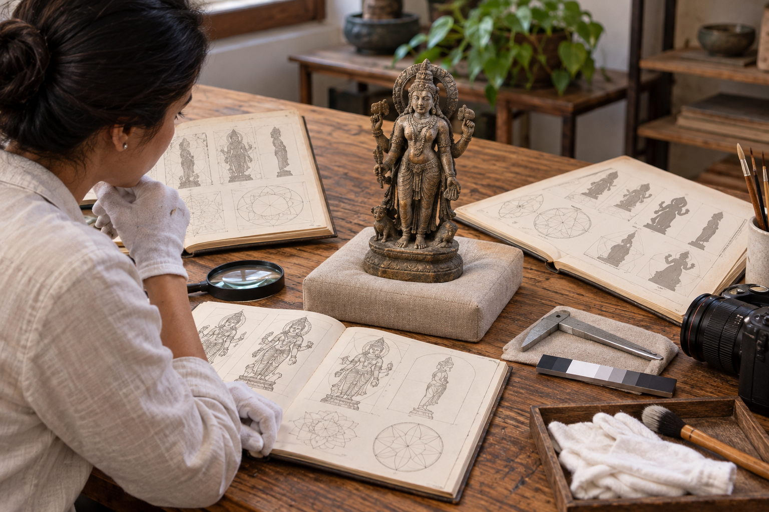 A conservator compares an unidentified Devi sculpture with nonverbal figure studies while using a magnifier, calipers, gloves, and a camera.