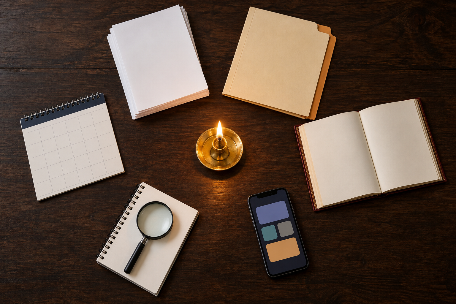 Six verification objects, including blank legal papers, a file, a ledger, a phone, a calendar, and a notebook, surround a brass oil lamp on a wooden desk.