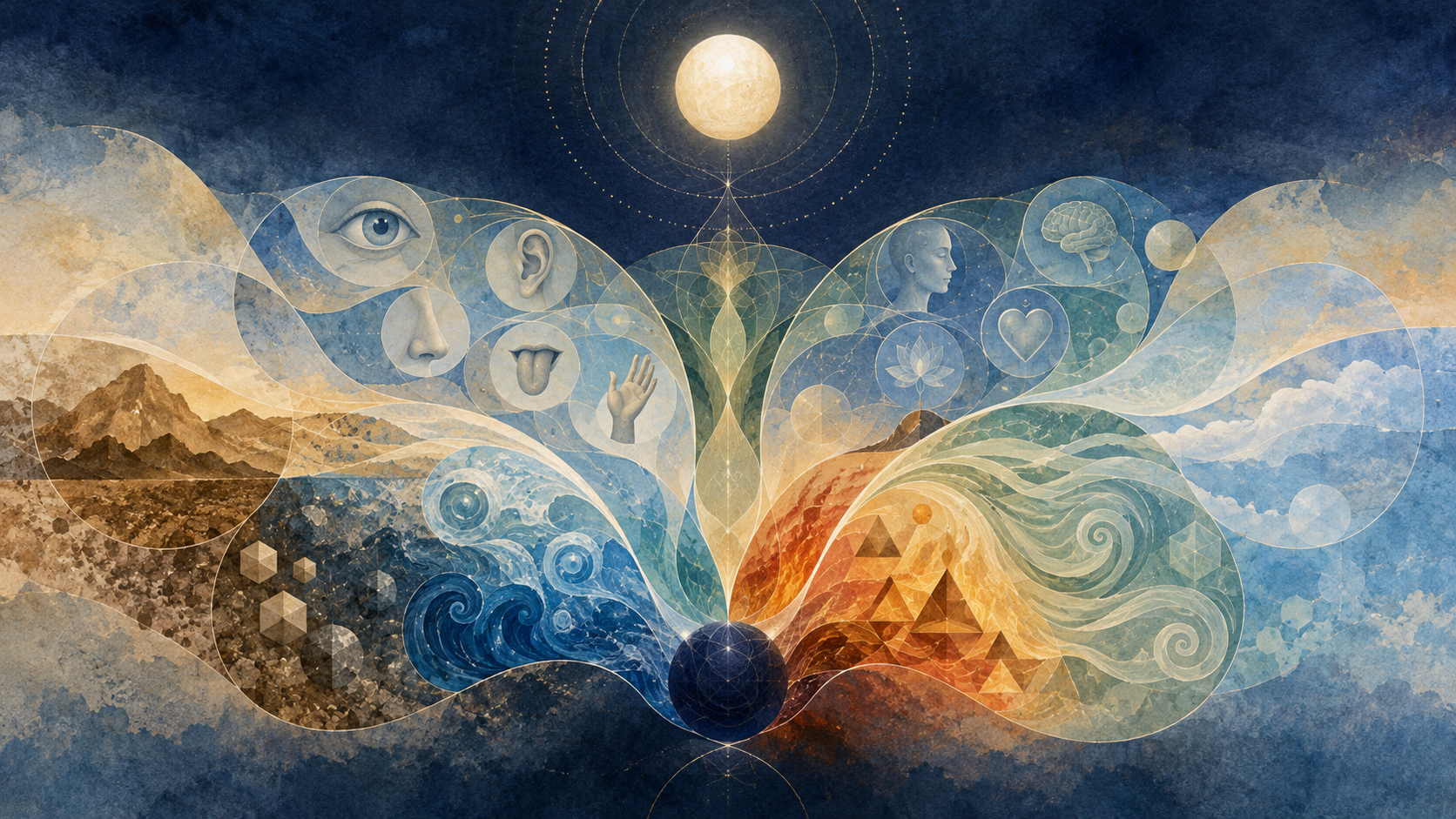 A white-gold sphere floats apart from a branching field of geometric, sensory, and elemental forms in indigo, saffron, copper, and teal.