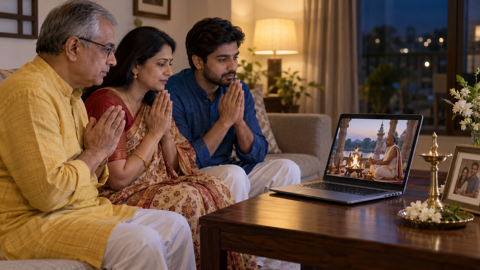 Three relatives sit at home with folded hands while a laptop displays a ritual officiant beside a sacred fire at another location.