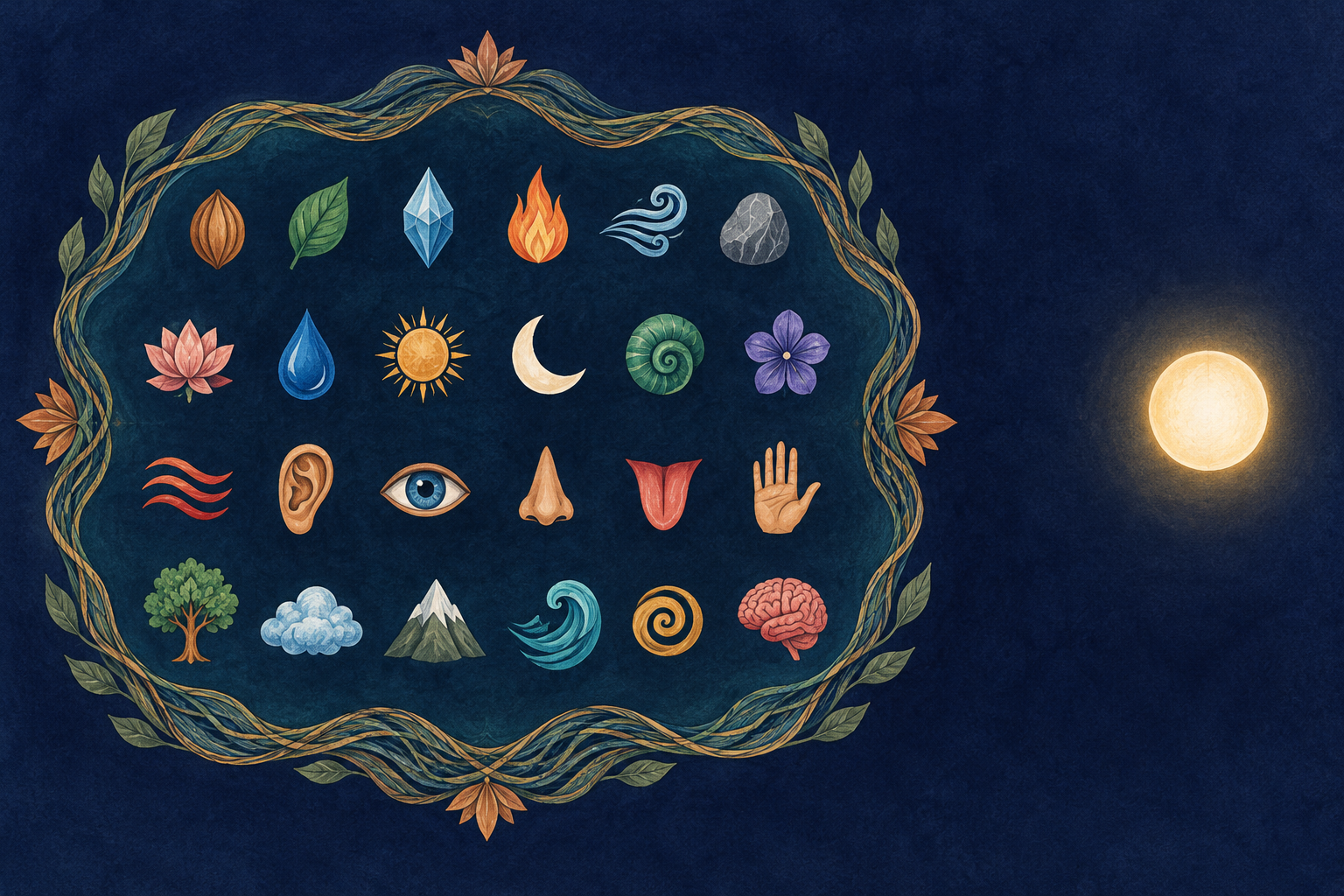 Twenty-four colored forms appear together in a patterned field, while one white-gold orb remains separate in the surrounding dark space.