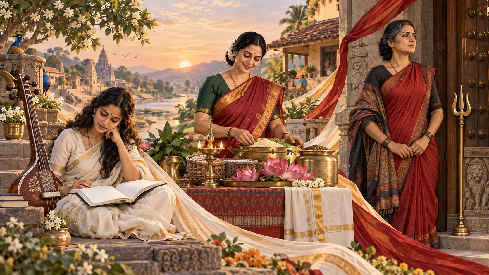 Three Indian women stand in connected settings with a veena and book, a lamp and grain, and a lion motif with a resting trident, symbolizing knowledge, prosperity and protection.