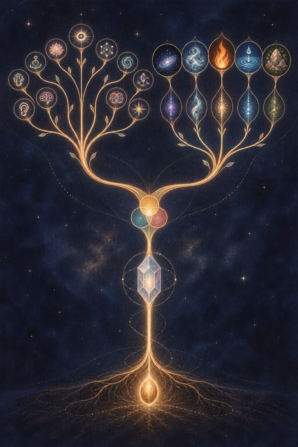 A cosmic tree grows from one seed through several branching nodes into groups of sensory, mental, subtle, and elemental motifs.