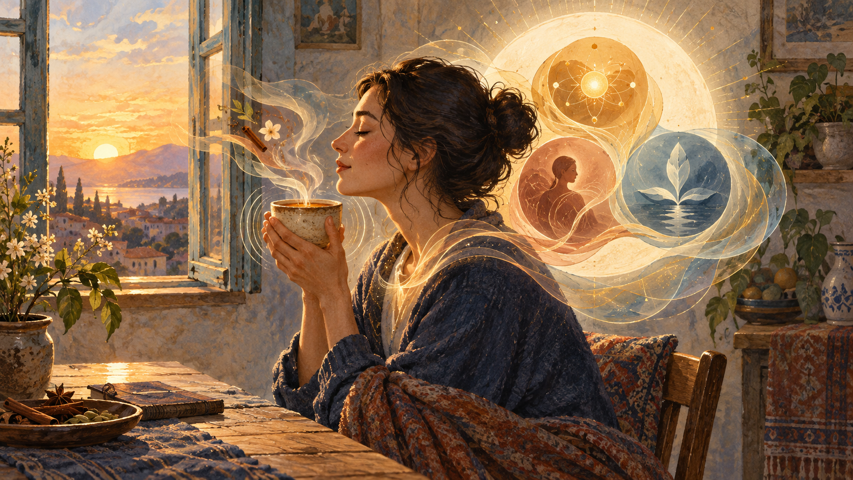 A person holds a steaming cup by a sunrise window as translucent motifs for aroma, color, warmth, sound, taste, and inner awareness surround the scene.