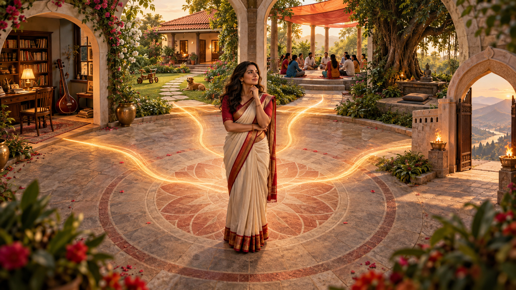 An Indian woman stands in a courtyard surrounded by paths leading toward study, family life, community service, meditation and protection.