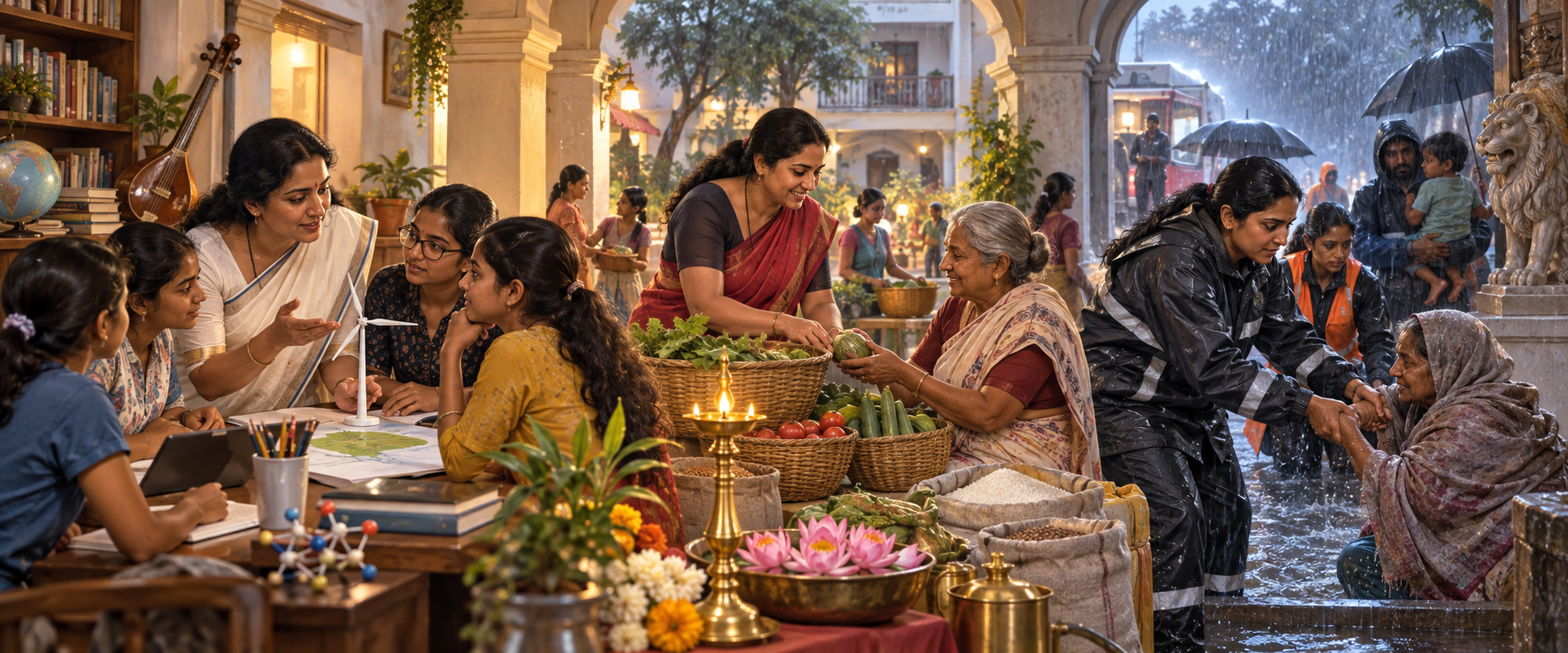Women teach students, manage shared resources and help neighbors during heavy rain across three connected scenes.