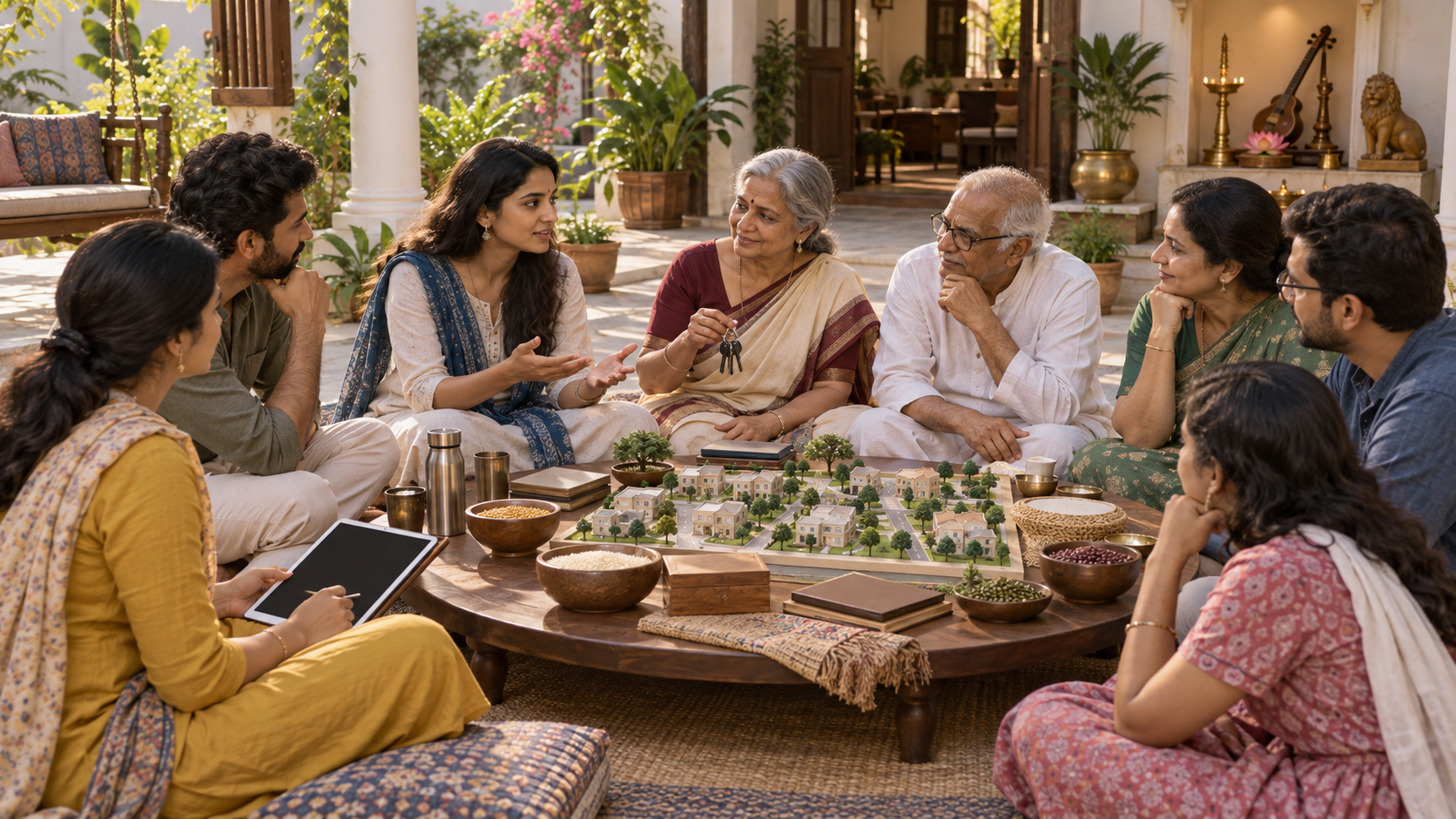 Women and men of several generations sit as equals around a courtyard table, discussing a household and community decision beside a small lamp-lit shrine.