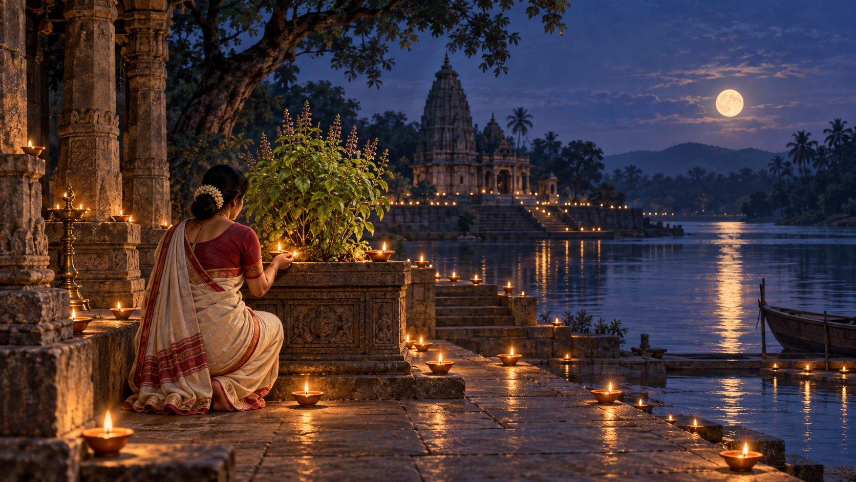 A devotee lights a clay oil lamp beside a tulsi plant in a riverside temple courtyard under a full moon.