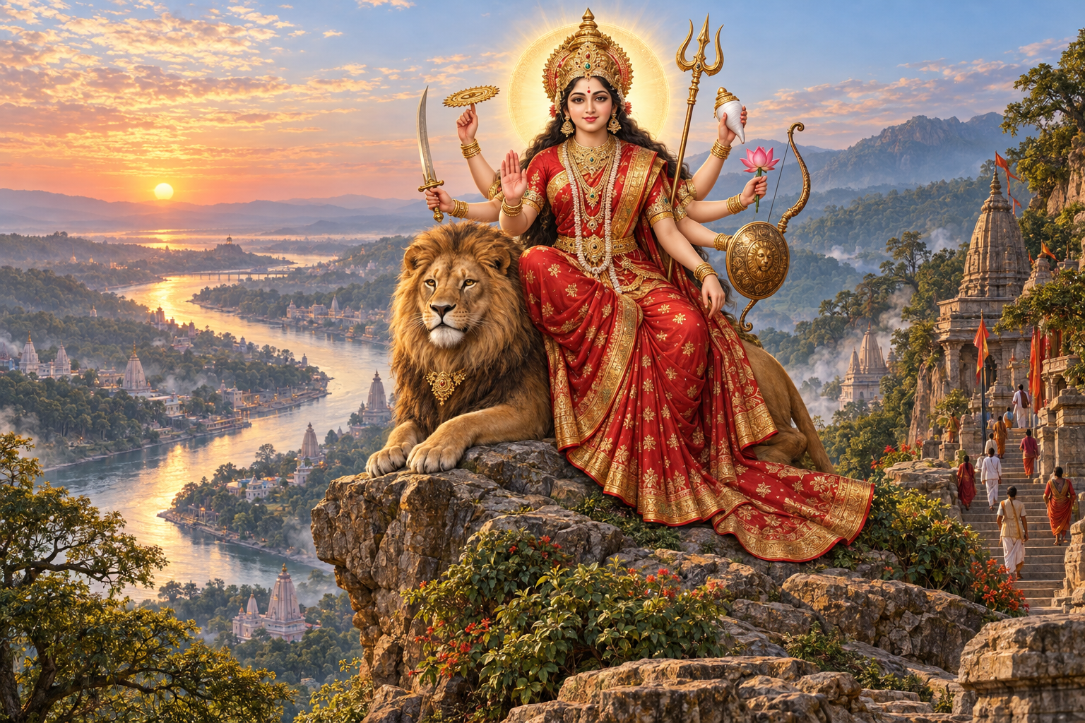Devotional illustration of eight-armed Maa Vindhyavasini seated on a lion above the Vindhya hills and the Ganga at dawn.