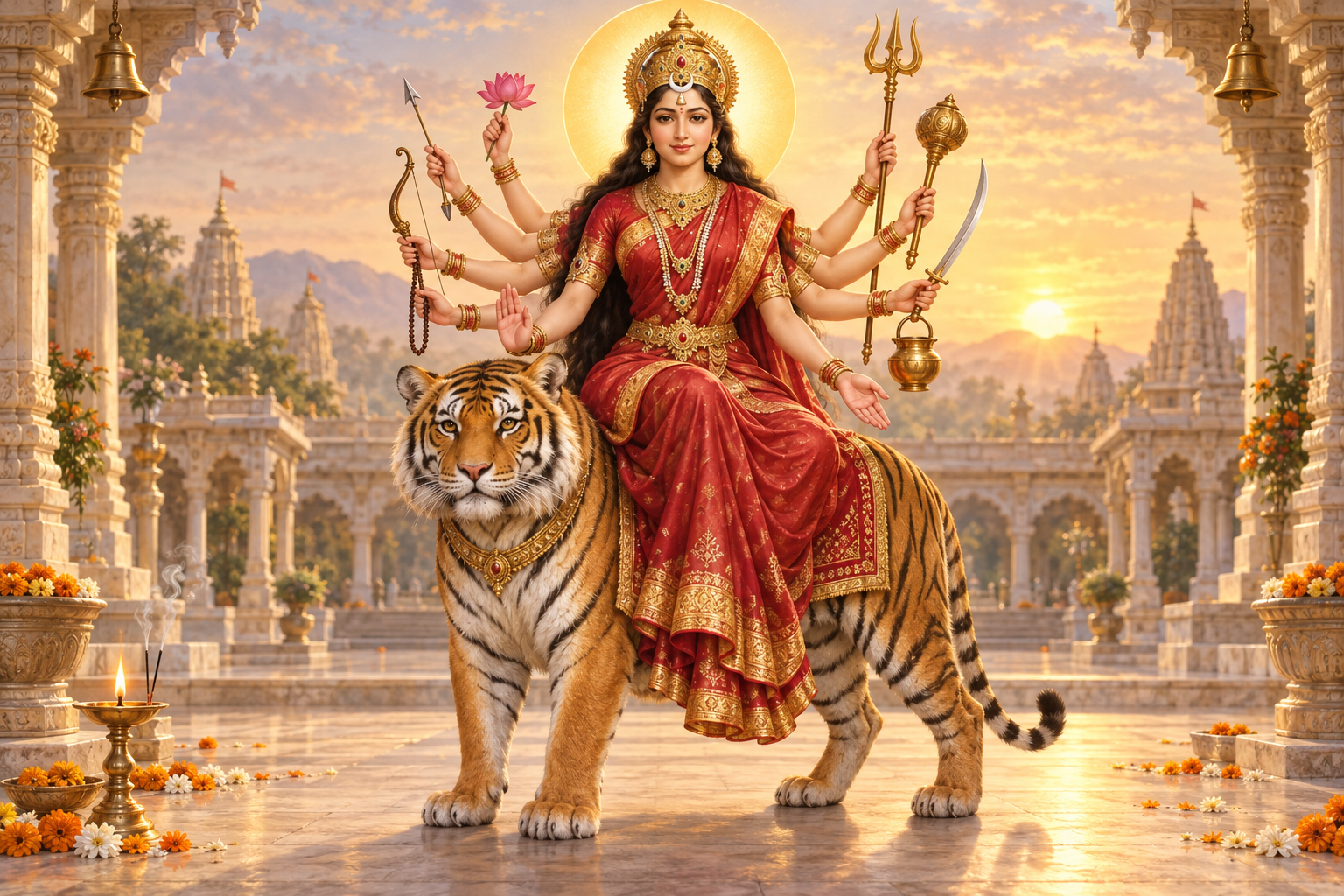 Devotional illustration of Maa Chandraghanta with ten arms, a bell-shaped crescent on her forehead, and a tiger in a lamp-lit temple courtyard.