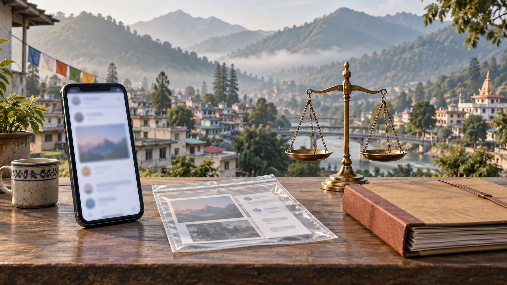 A smartphone with a blurred social media screen rests beside an evidence sleeve, balanced scales and a closed legal file, with a foothill town in the background.