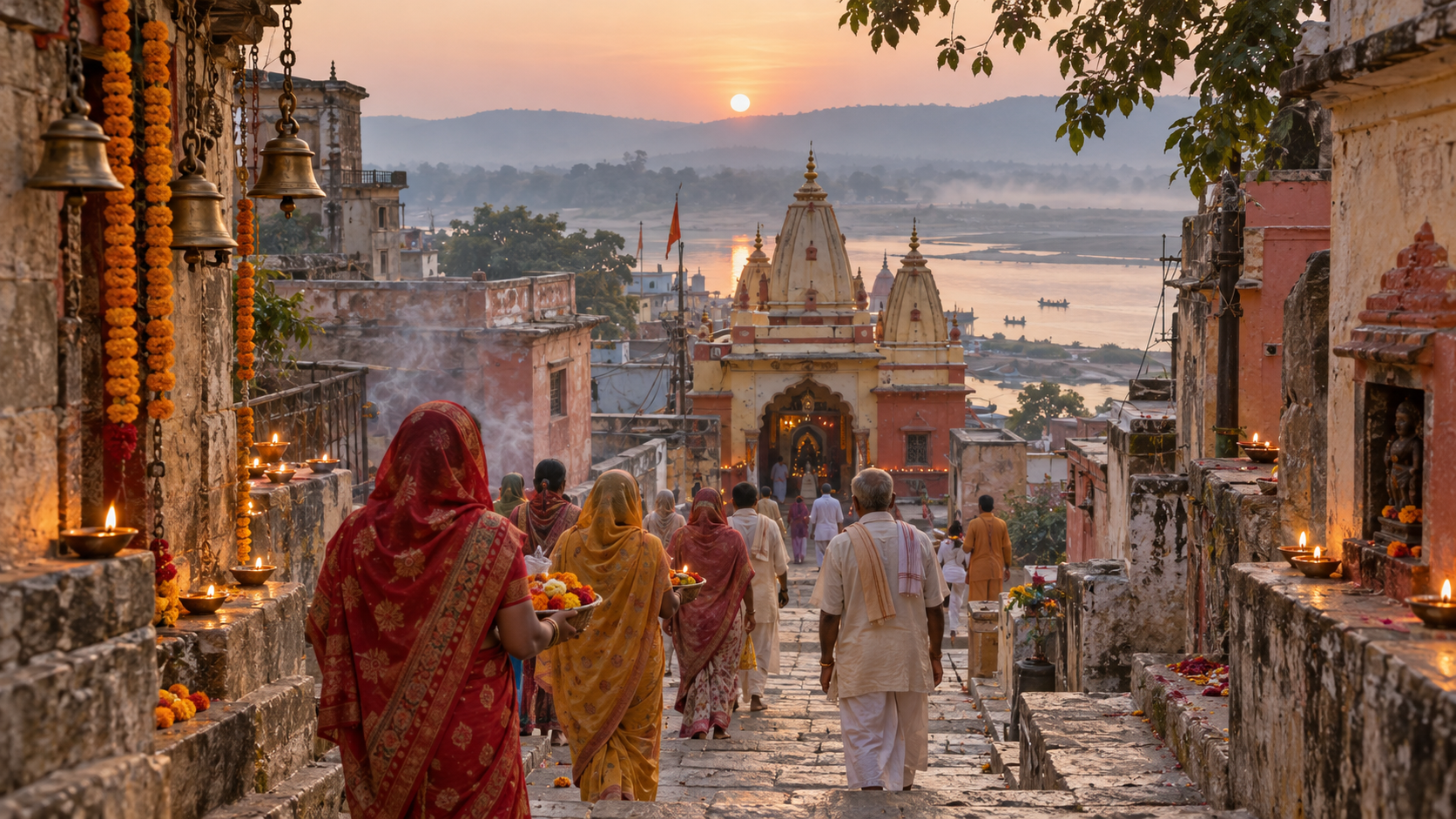 Pilgrims walk along a stone lane toward a temple in Vindhyachal, with the Ganga and hazy hills visible beyond.