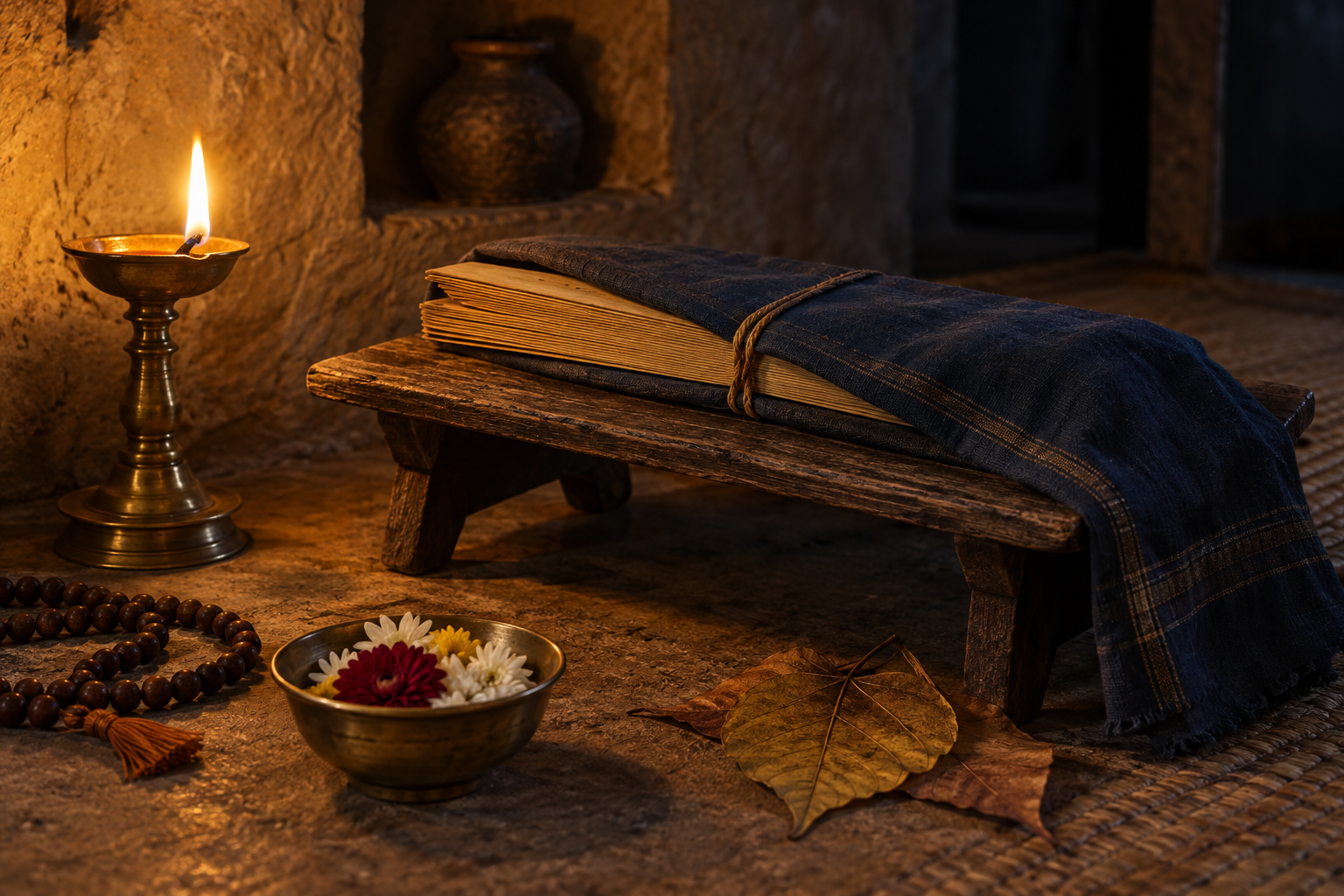 A covered palm-leaf manuscript bundle, brass lamp, prayer beads, flowers, and seasonal leaves rest on a wooden stand.