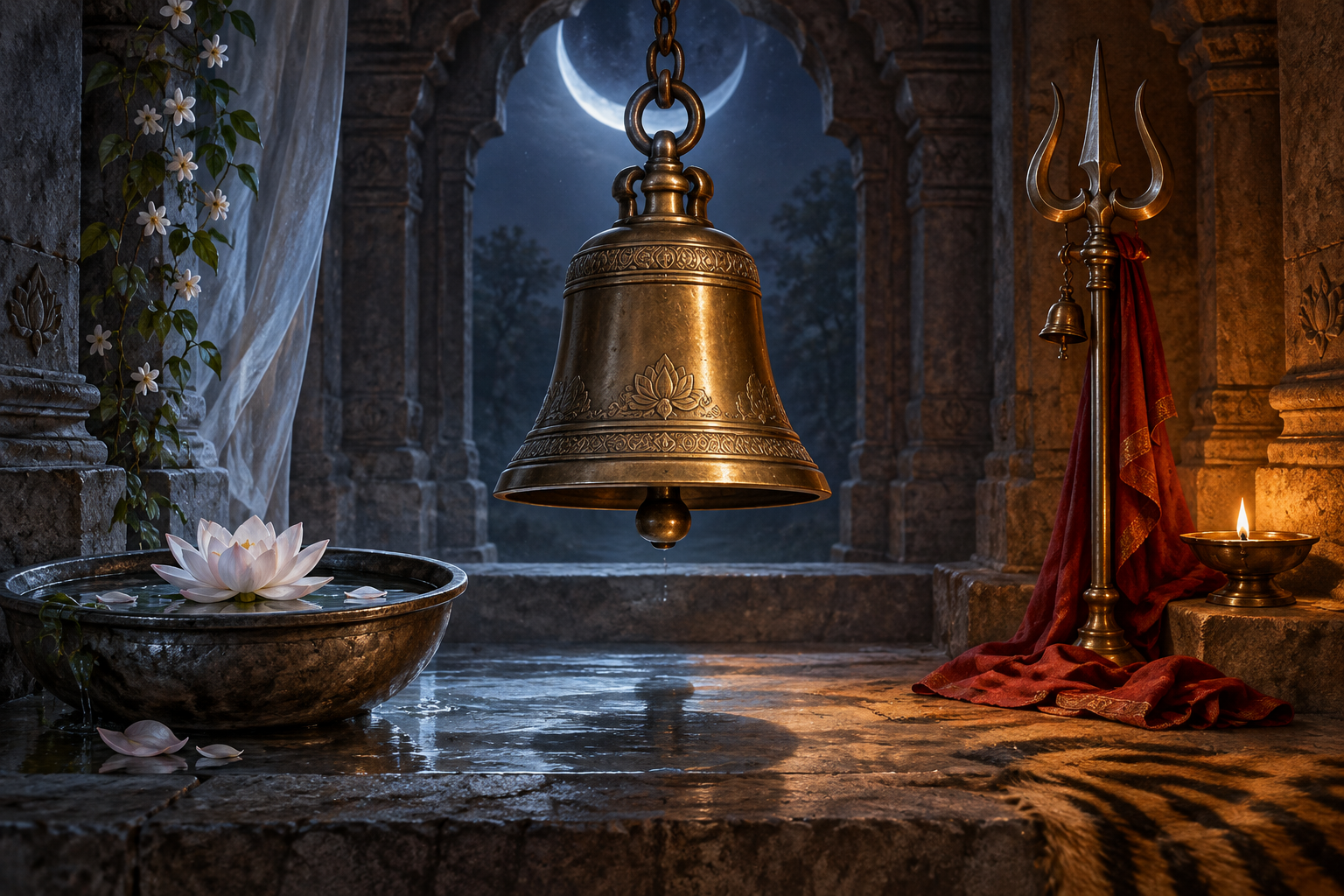 A bronze temple bell beneath a crescent-shaped light, with a lotus, trident, red cloth, and subtle tiger-striped shadow in a stone alcove.