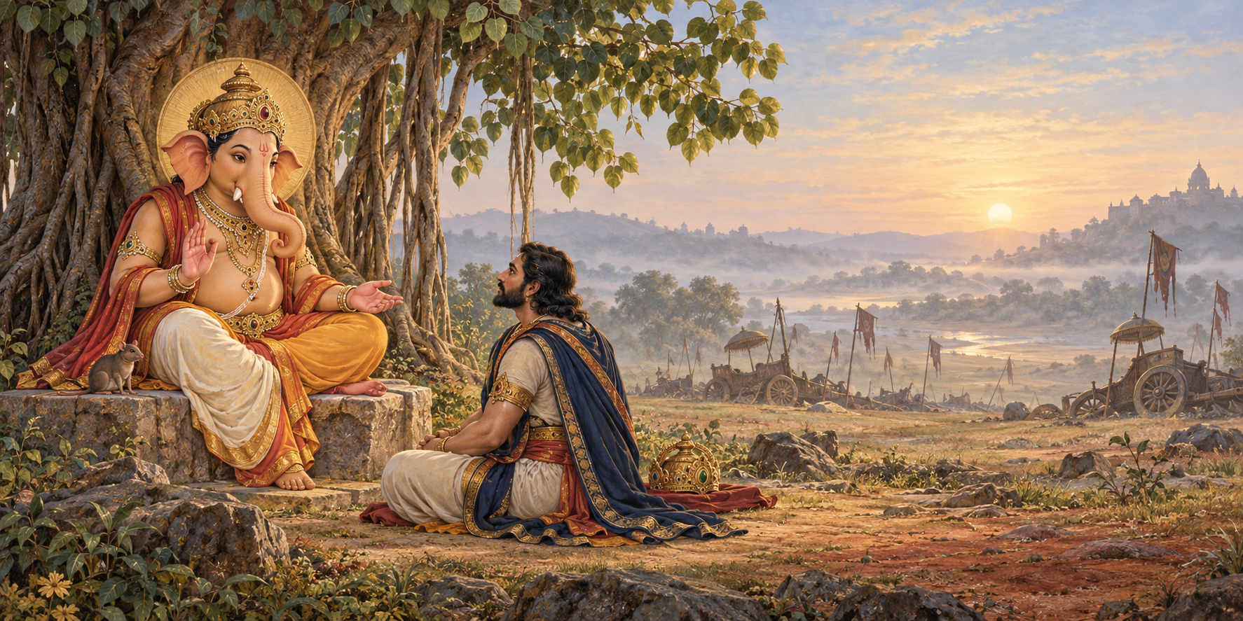 Shri Ganesha teaches the seated King Varenya beneath a banyan tree as a quiet battlefield fades into the dawn mist behind them.