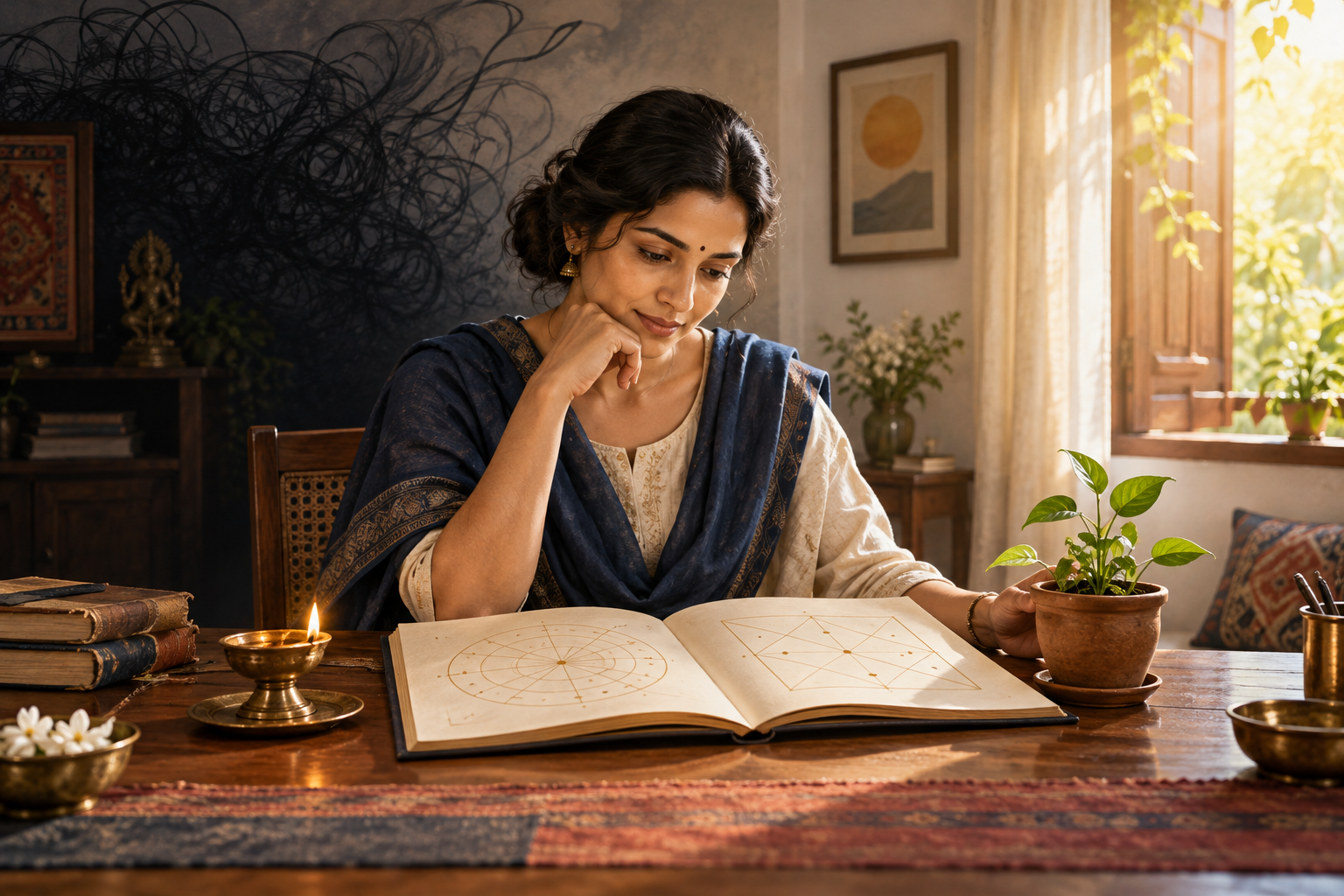 A calm person studies an abstract birth-chart folio beside an oil lamp and a young plant as morning light dispels a dark shadow.