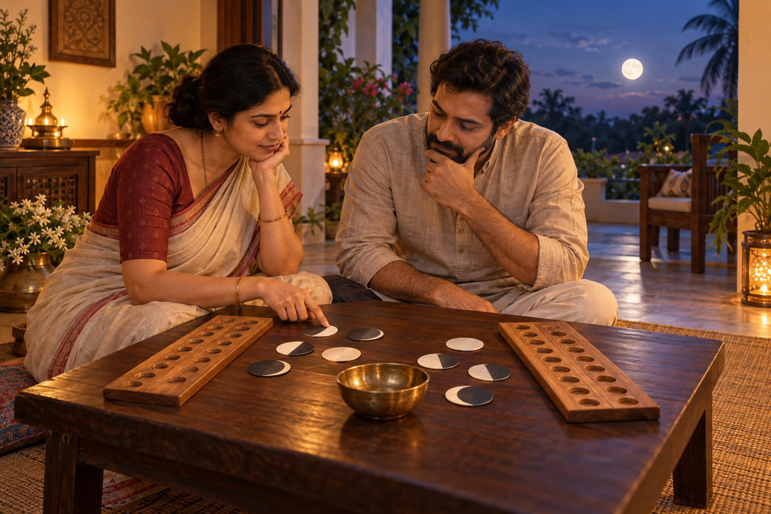 Two people compare moon-phase tokens and unmarked counting boards at a low table while the moon rises outside.