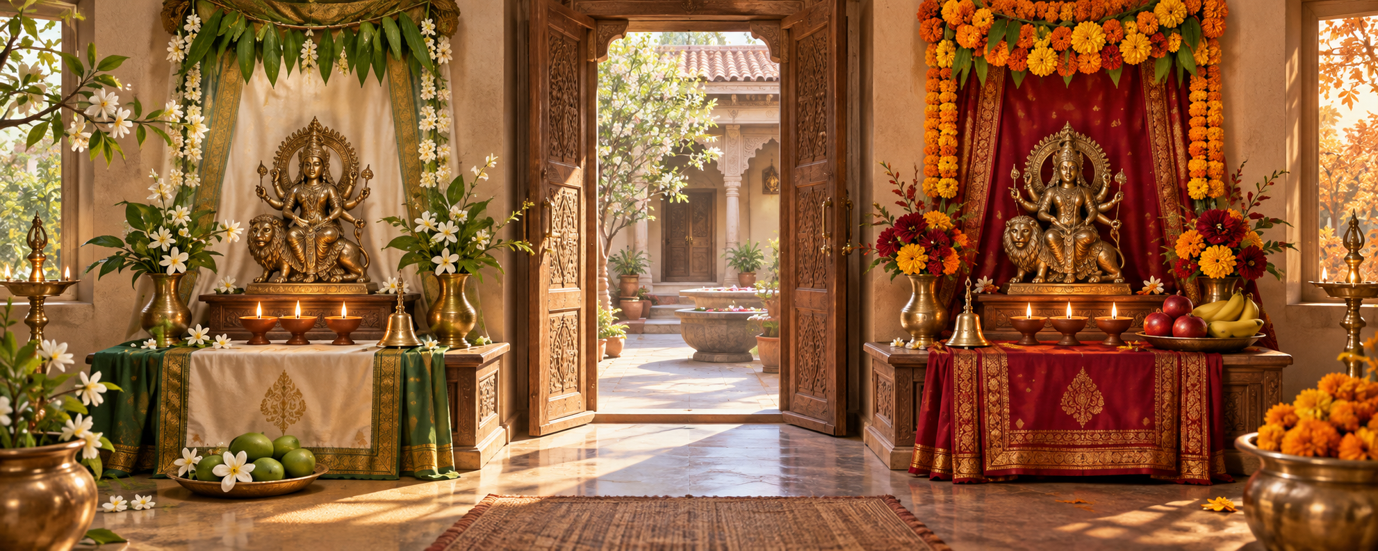 Two matching home shrines shown in spring and autumn settings, each with three clay lamps, flowers, fruit, and a brass bell.