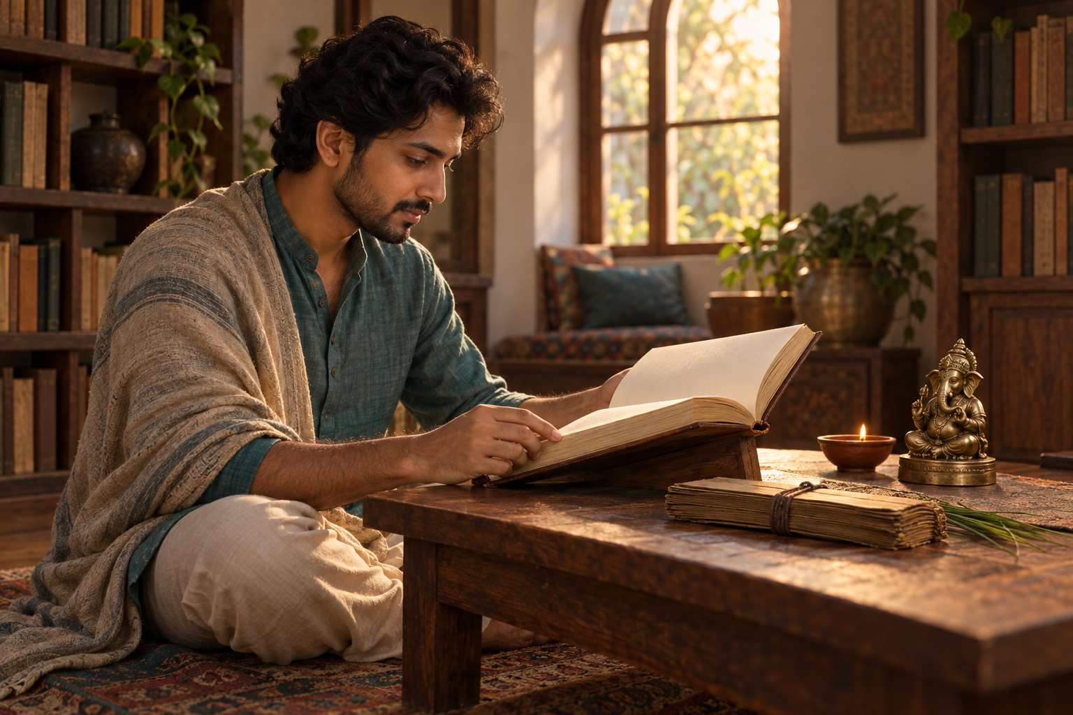 A reader studies an open volume at a low wooden desk beside a small brass image of Ganesha, a lamp and a closed palm-leaf manuscript bundle.