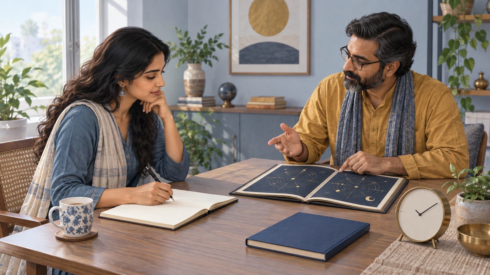 A seeker and an astrologer calmly review a clock, a blank calendar, and an abstract chart while taking notes in a quiet consultation room.