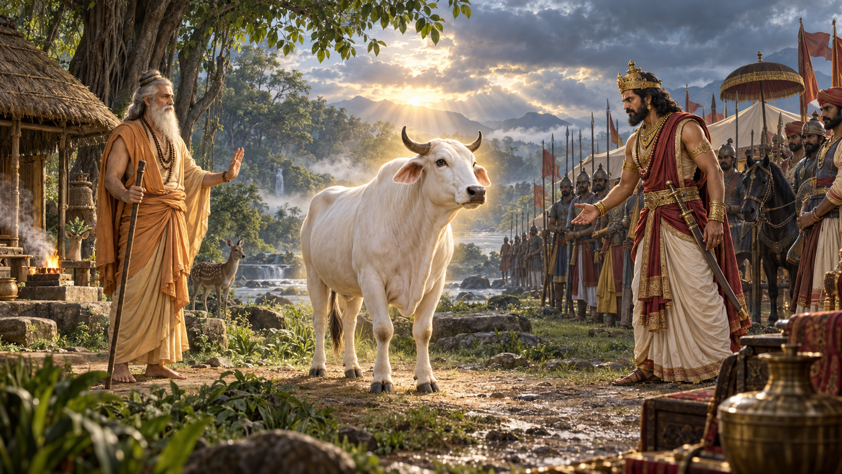 The sacred cow Sabala stands between the sage Vasistha at his forest hermitage and King Visvamitra with his royal retinue.