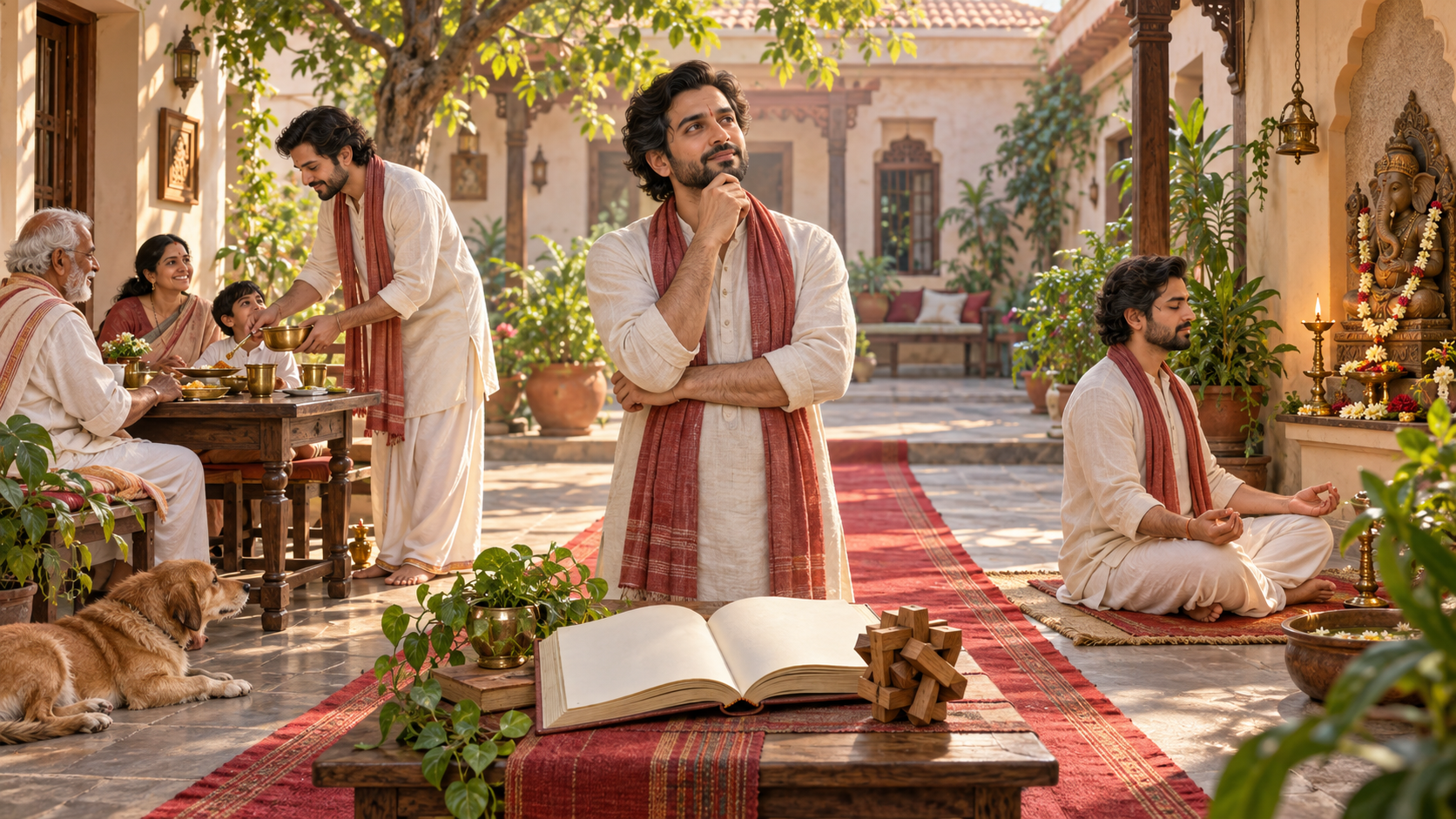 Three connected courtyard scenes show a practitioner serving others, reflecting beside a book and meditating before a small Ganesha shrine.